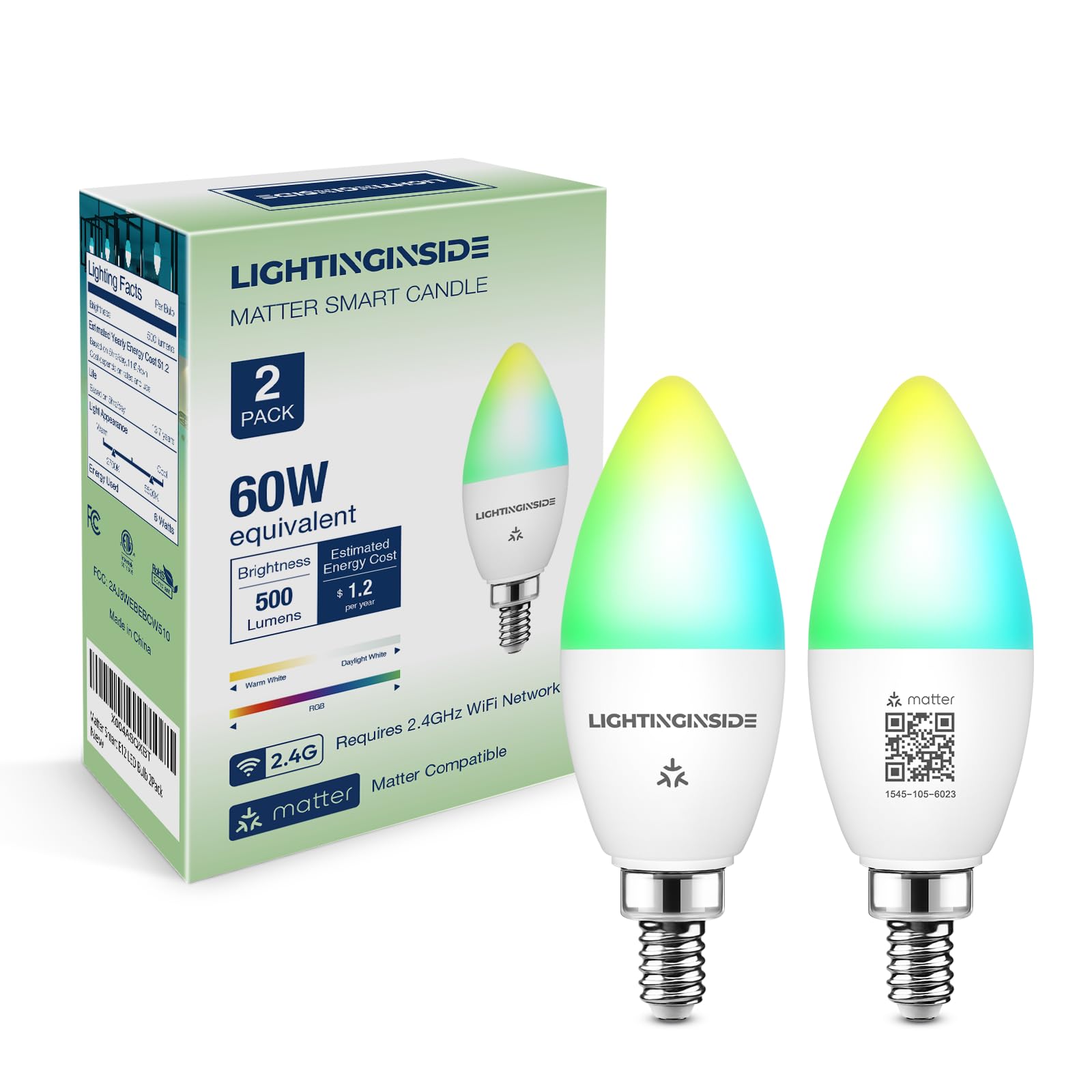 Lightinginside Matter Candelabra Smart Light Bulbs 60W Equivalent, 500Lm 6W E12 Led Bulb Compatible With Alexa/Siri/Apple Home/G