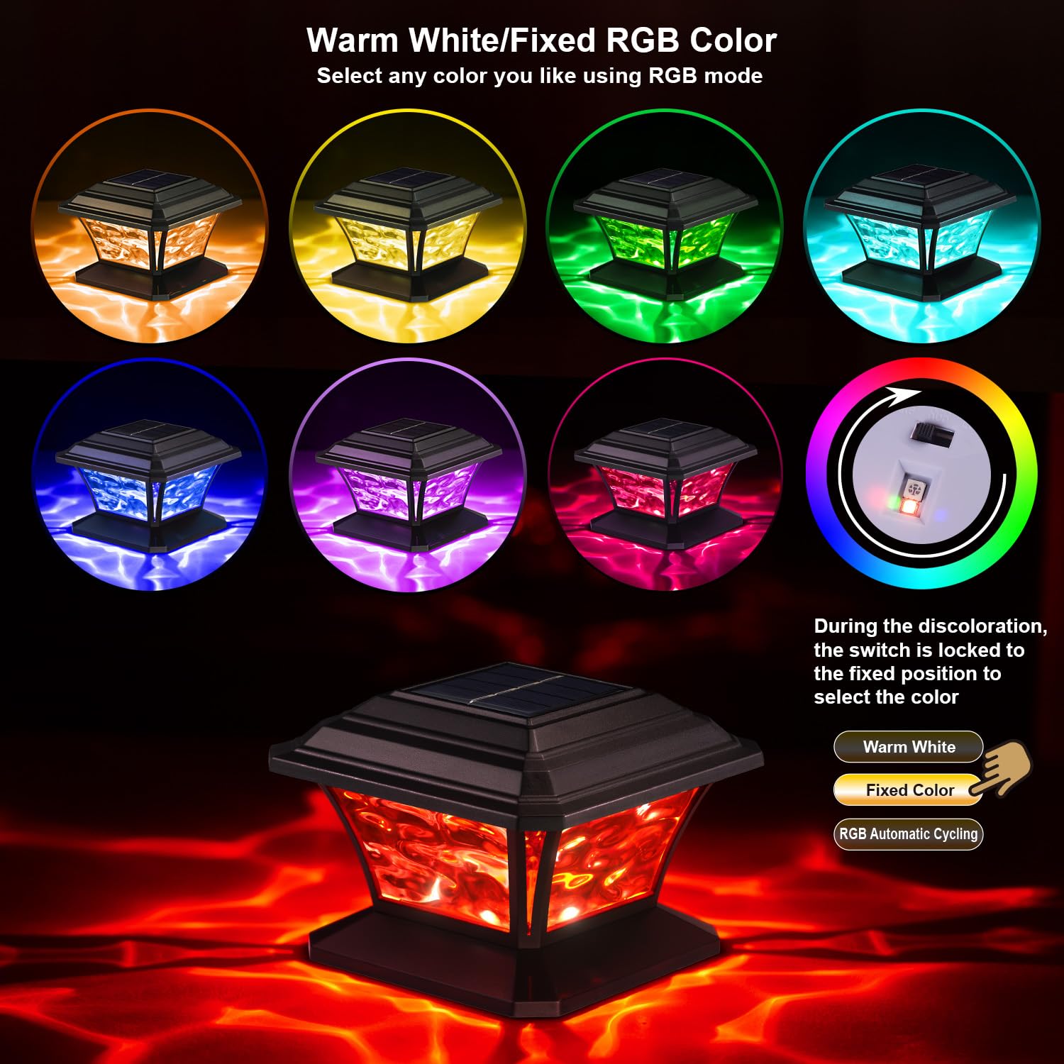 AEFRELEOHT Solar Post Cap Lights, Warm White & RGB Automatic Cycling & Fixed RGB Color, 9 Colors to Choose, 20 Lumens lP65 Water