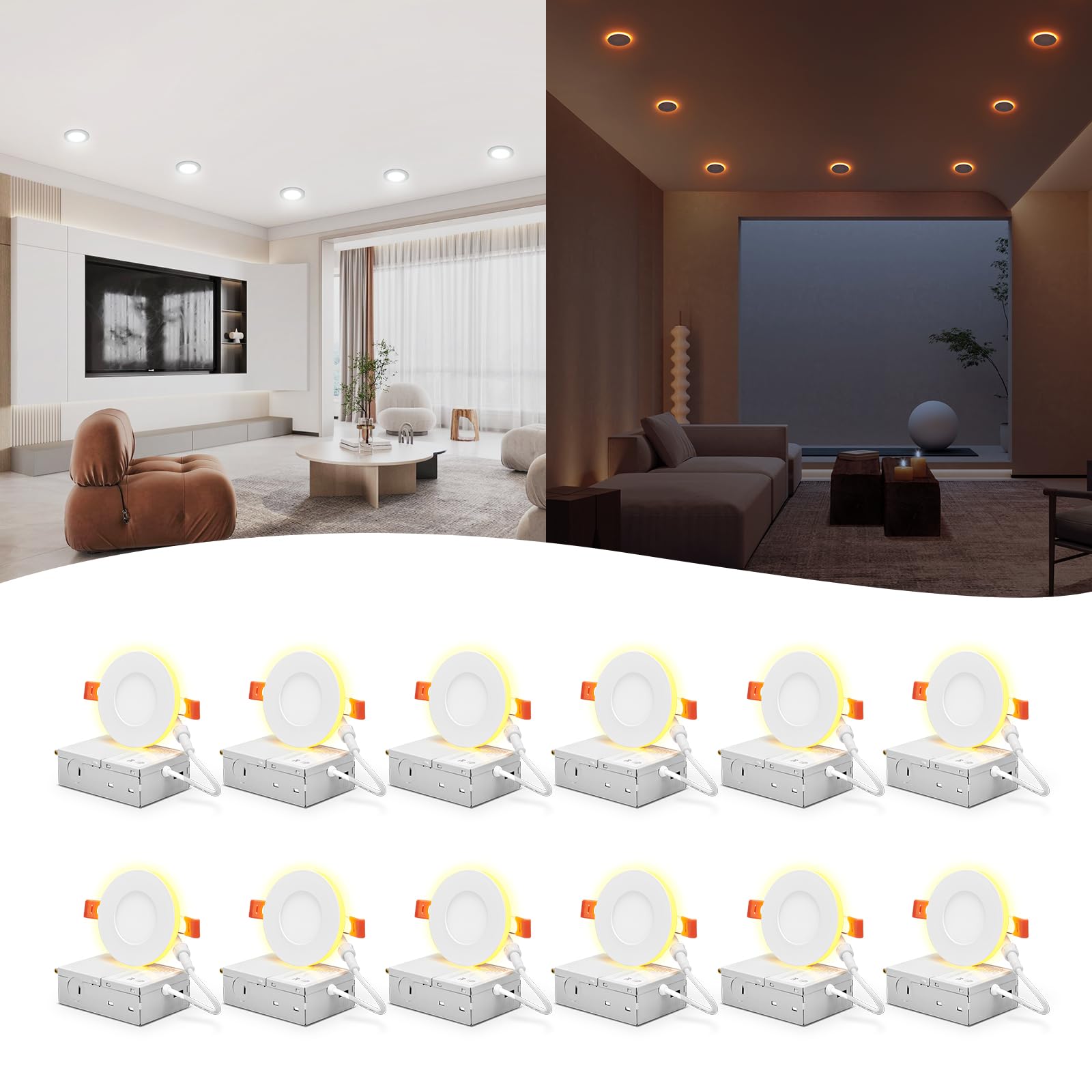 Comiled 12 Pack 3 Inch Recessed LED Lights with Night Light, Canless Ultra Thin Wafer Recessed Lighting Downlight with Junction 