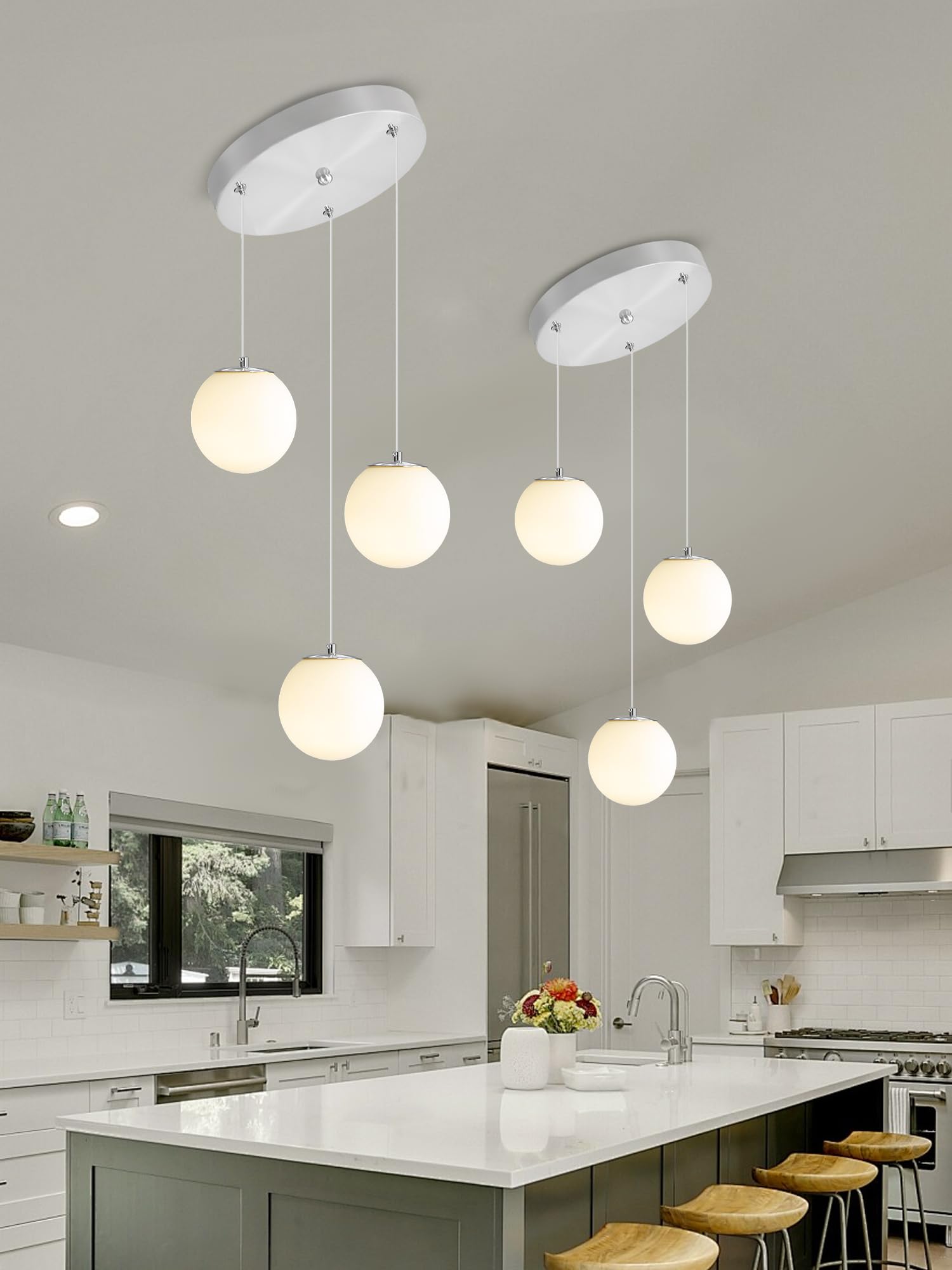 Ykolupty 3-Light Silver Chandelier With White Globe Glass Dimmable Ceiling Light Glass Pendant Light For Kitchen Island, Dining