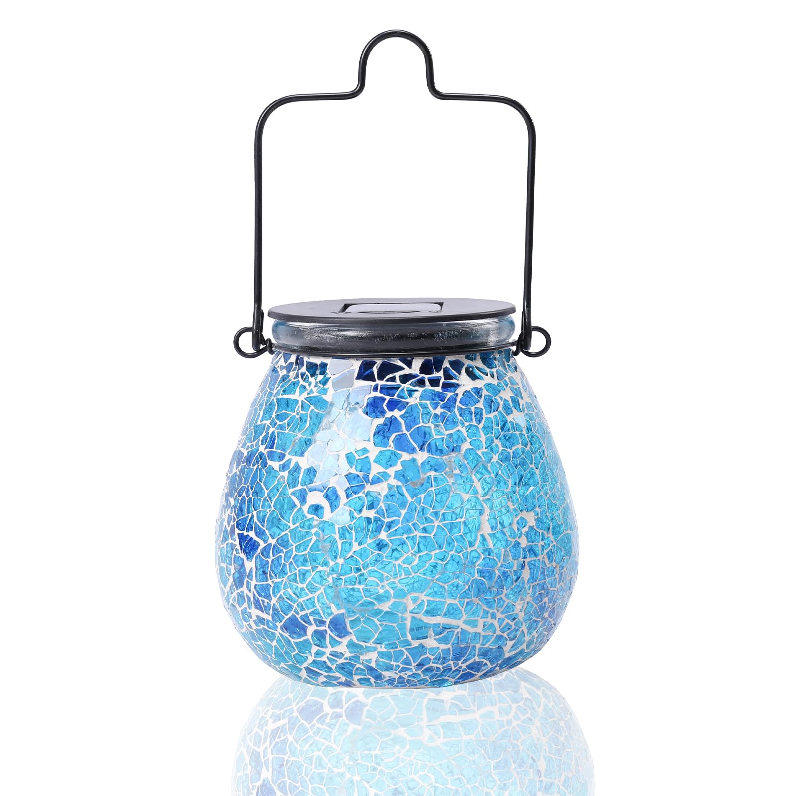Afirst Mosaic Solar Lantern - Glass Hanging Light, Waterproof Table Lamp for Outdoor, Garden, Patio, Ice-Blue, Model 5038350B