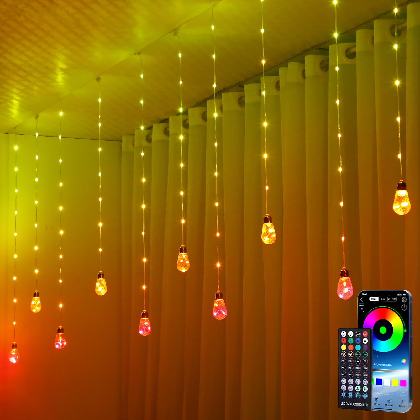 KepStars Wishing Ball Curtain Lights, 10ft x 3.5ft RGB LED Color Changing String Fairy Lights Curtain, Smart APP & IR Remote, 20