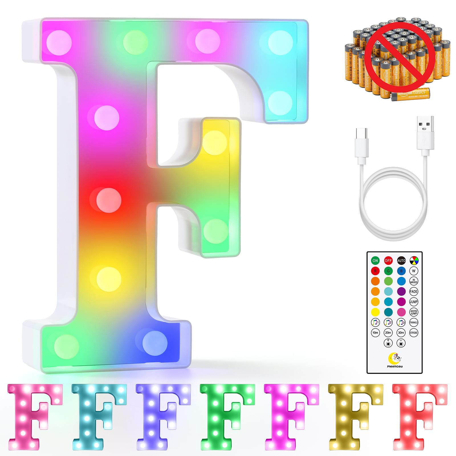 Mooncow Rechargeable Light Up Letters,Colorful Marquee Letters With Remote,Gift Wrap Gifts,Bedroom Home Bar Party Decor (F)