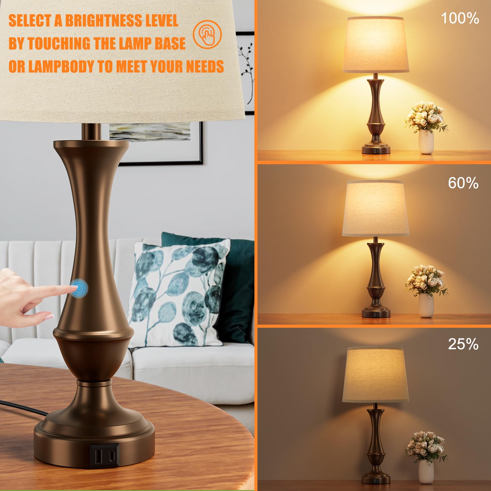 Seealle Upgraded Touch Lamps - Set of 2 Bedside Lamps with USB C+A, 3-Way Dimmable, Brown Shade & Base, Model 04078