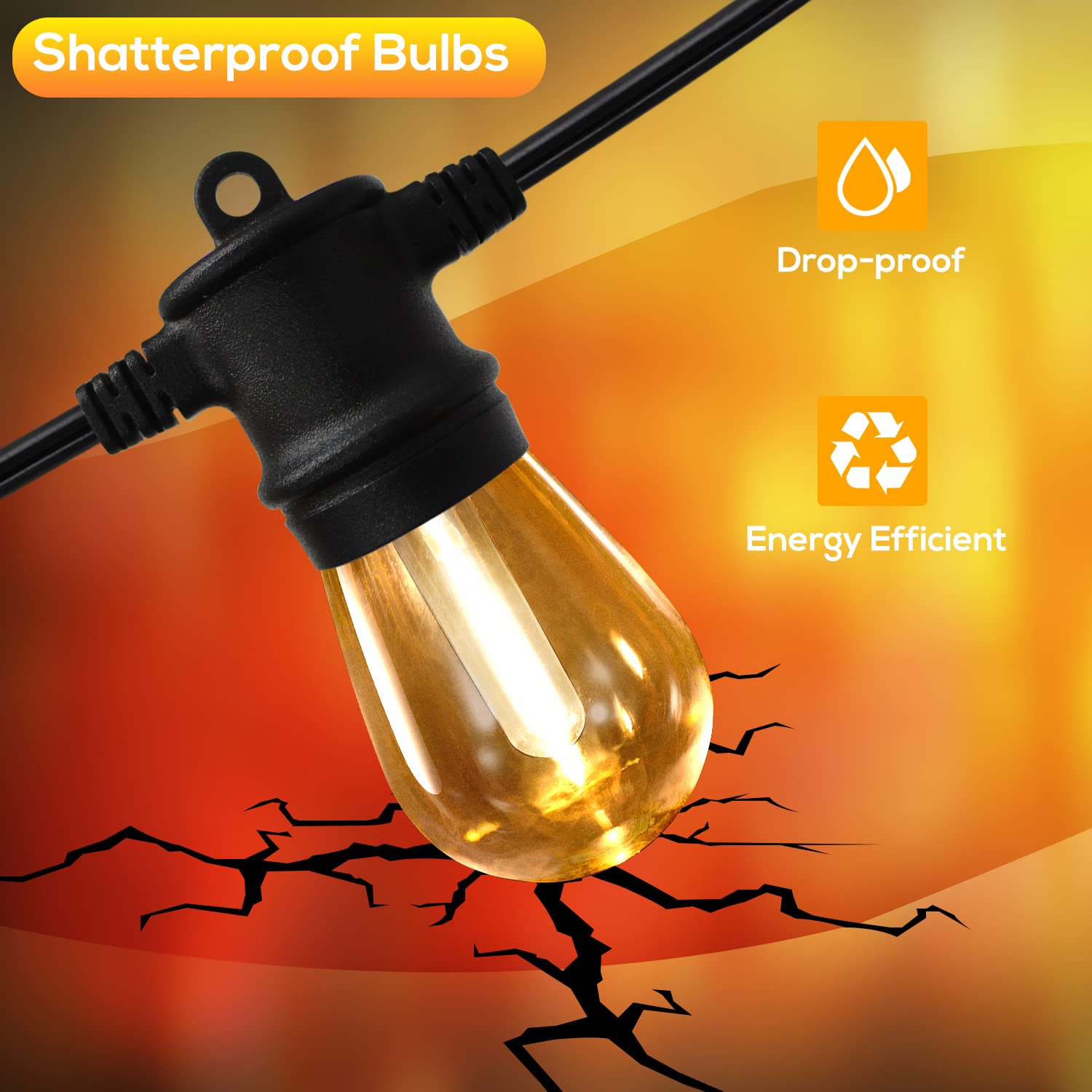 FMART 50FT LED Outdoor String Lights, Dimmable, Waterproof, 15 Sockets, Black, Shatterproof Edison Bulbs, Model SC-SPSL-12V-24W