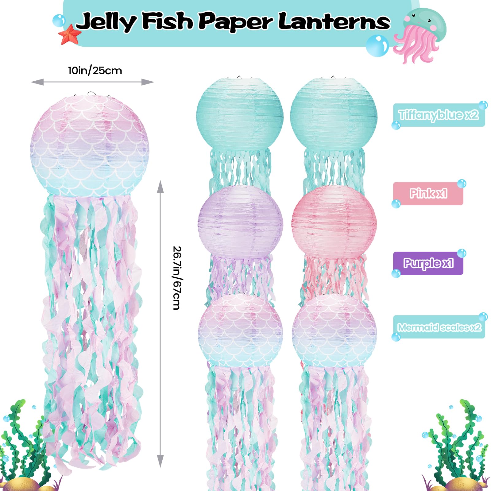 Jellyfish Paper Lanterns 6Pack,10 Inch Mermaid Birthday Decorations Mermaid Scales Pink Lavender Blue With String And Hooks,Hang