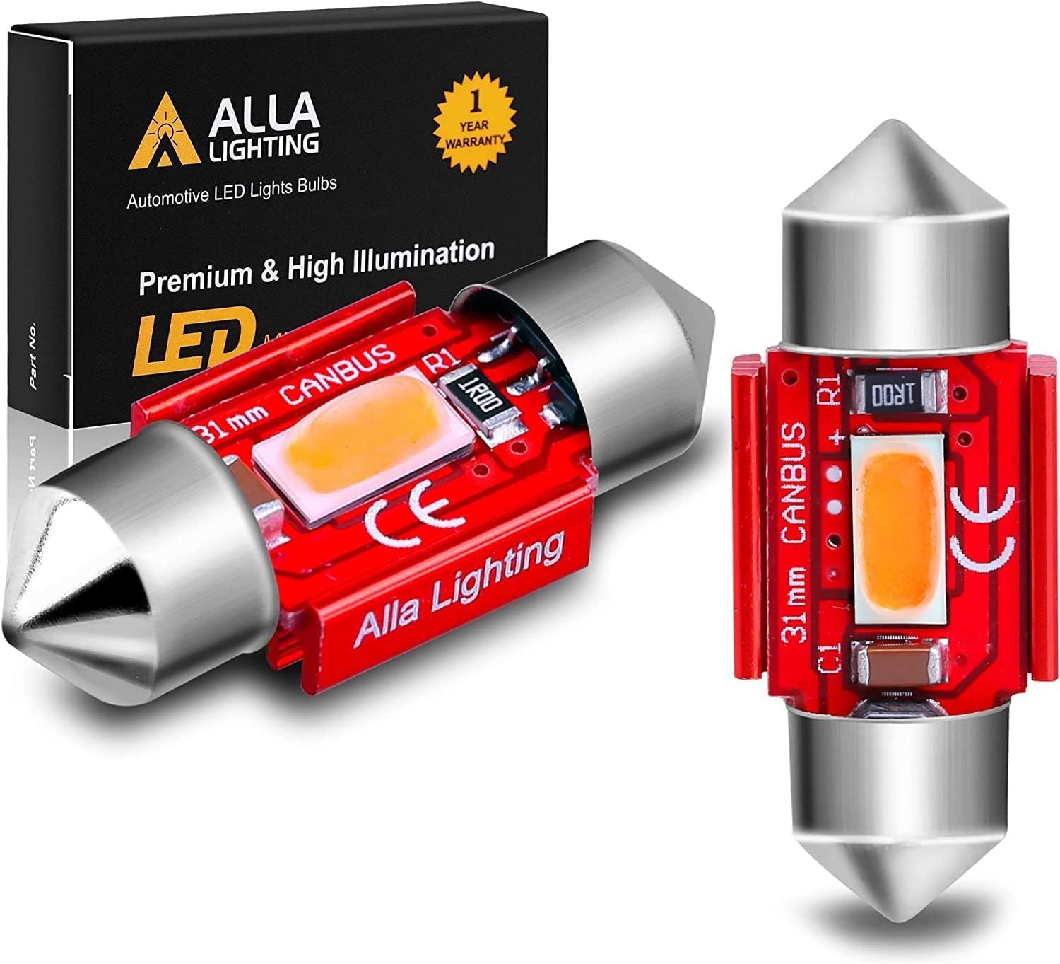 Alla Lighting Super Bright DE3022 DE3021 LED Bulbs, Red Dome, Map, Trunk, Step Courtesy Lights, 31mm 7065 3428 CAN-Bus Interior Festoon Lamps
