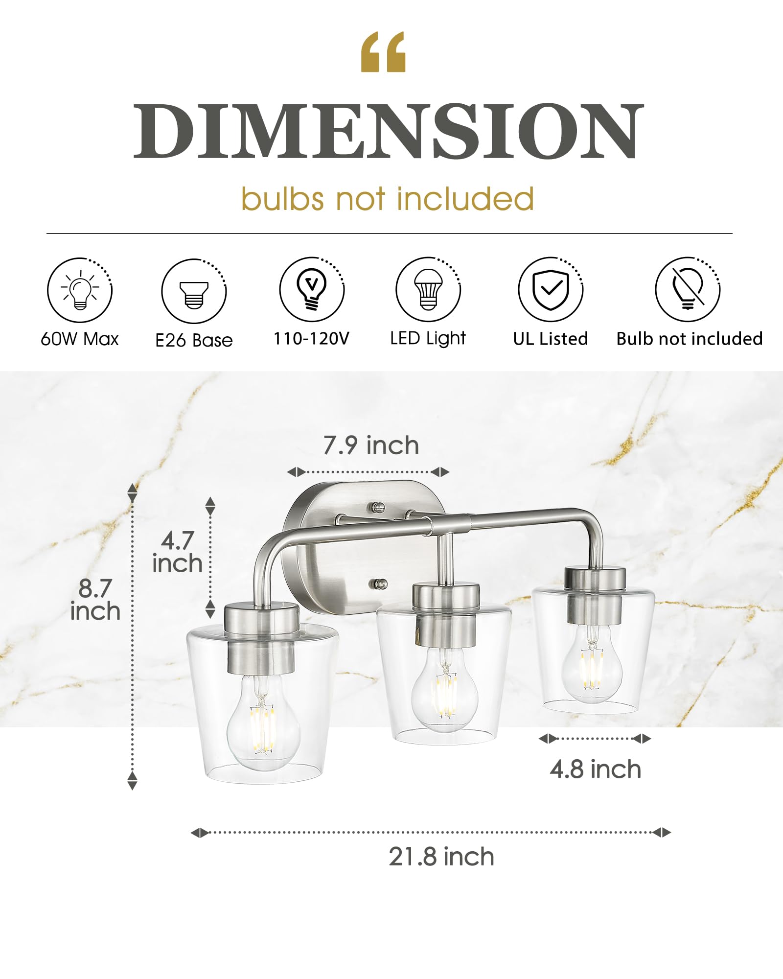 Audickic Bathroom Light Fixtures, 3-Light Brushed Nickel Vanity Lights Over Mirror With Clear Glass, Modern Vanity Lighting Fixtures, Ad-22004-3W-Sn-C