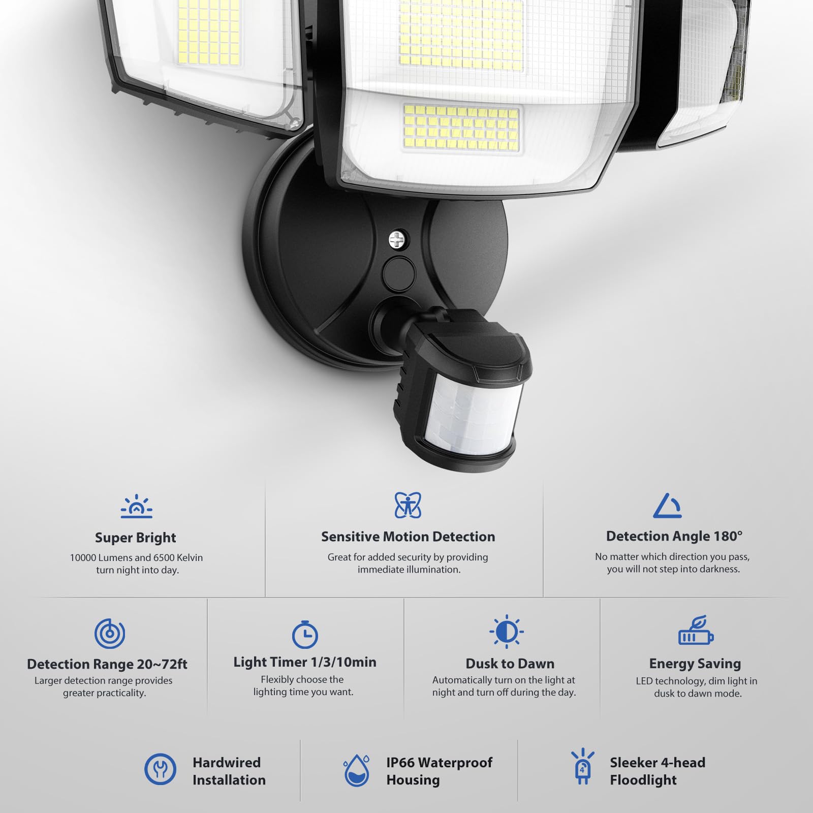 Onforu 90W LED Motion Sensor Flood Lights, 10000LM, IP66 Waterproof, Black, Model BDS90G-4, Dusk to Dawn Outdoor Security Lighting