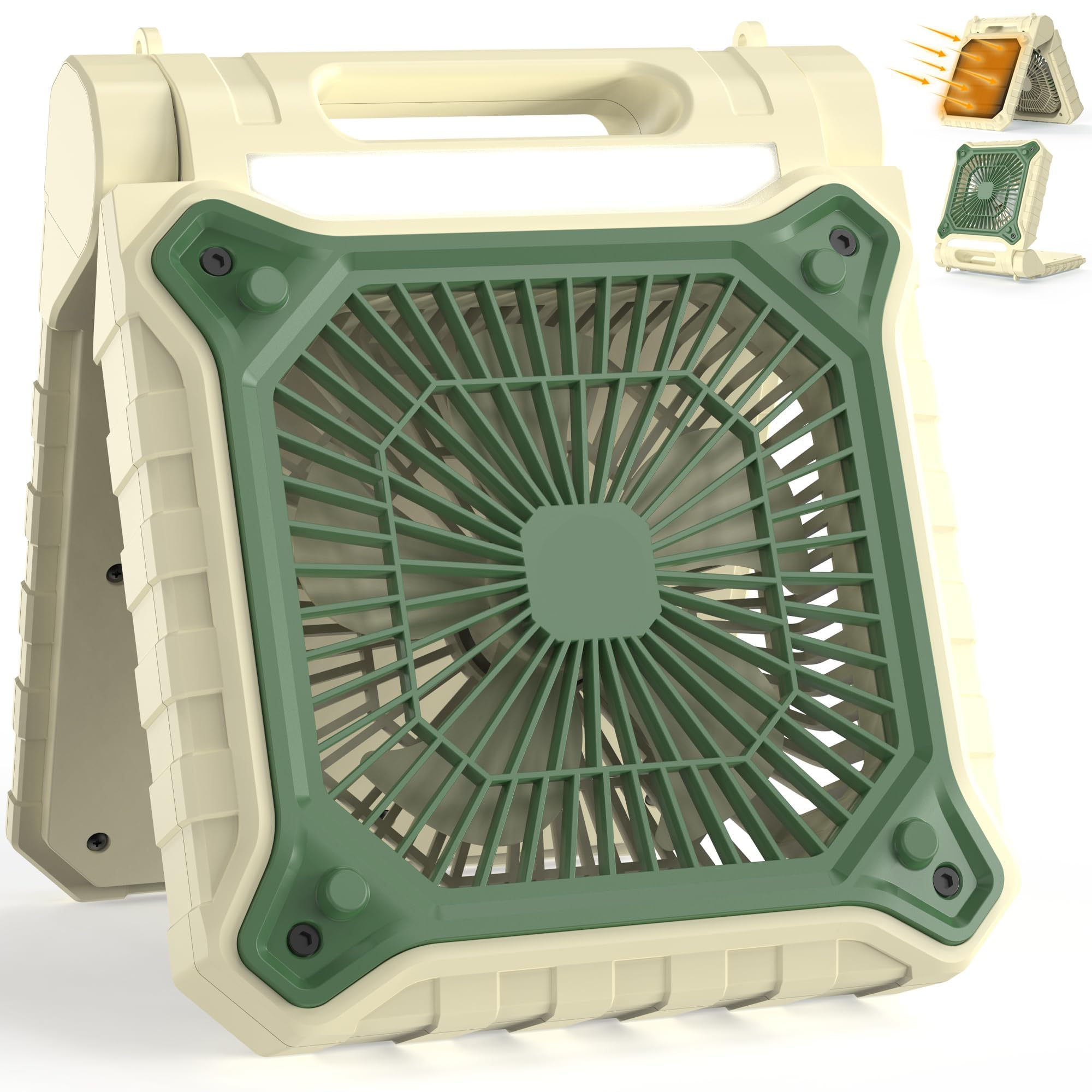 PANERGY Solar Fan with Lantern for Camping, Rechargeable Battery Powered Fan(36H cooling/60H lighting), 4-Speed, 8H Timer, 90Fol