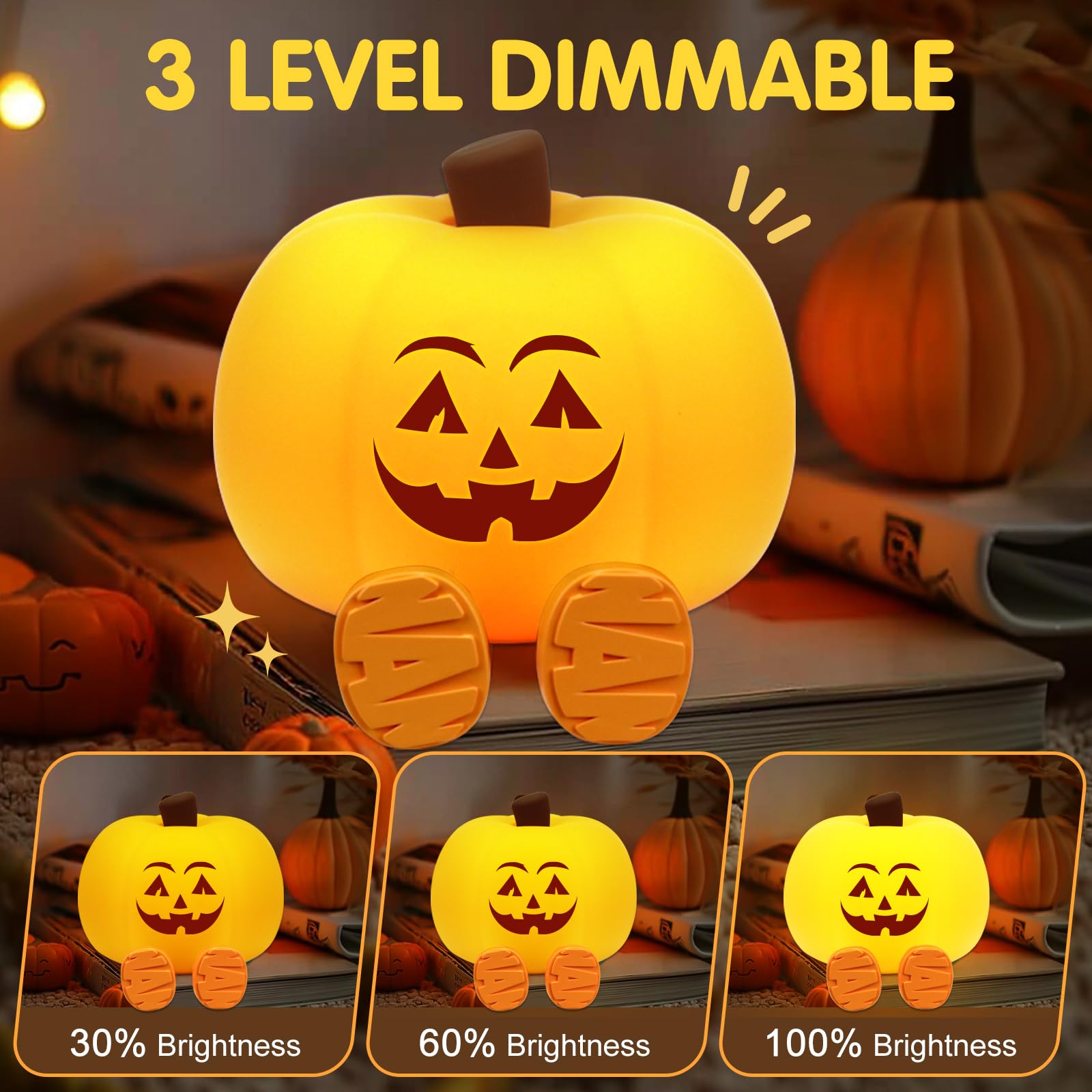 Gefaxi Pumpkin Night Light Nightlight for Kids Cordless Rechargeable Dimmable Small Yellow Jack O Lantern Decor Model NGB-SU-170