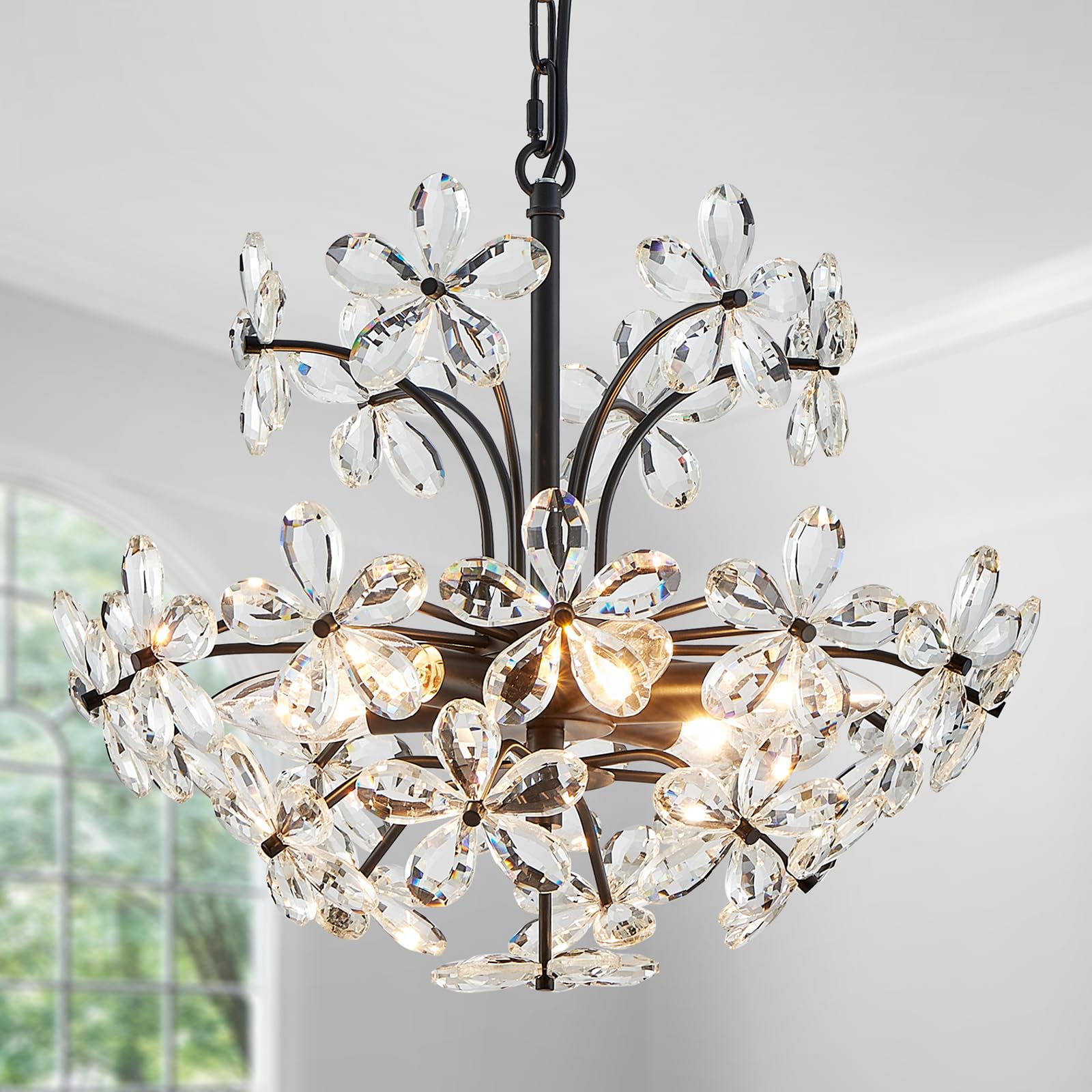 WUZUPS Crystal Chandelier Pendant Light, 15.7in H x 17.7in W, Black, 6 Lights, Metal, Model USHD90013P-B