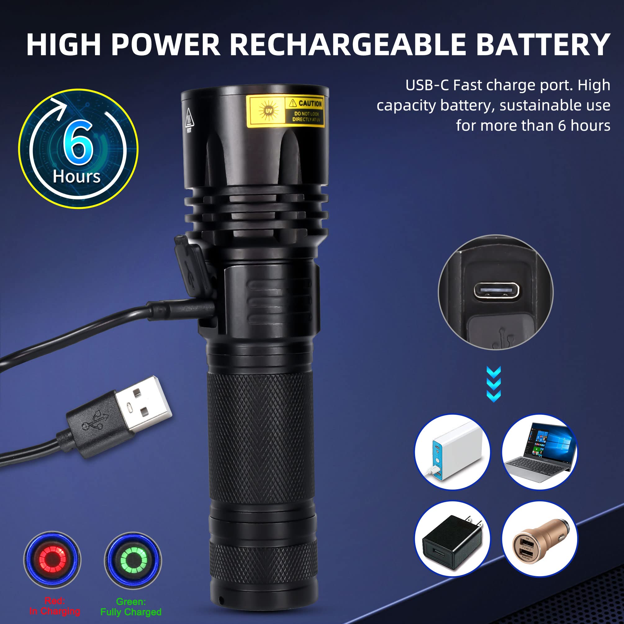 DARKBEAM UV Flashlight - 20W LED Black Light, 365nm USB-C Rechargeable, Aluminum, Model B14, Ideal for Pet Urine Detection & Resin Curing