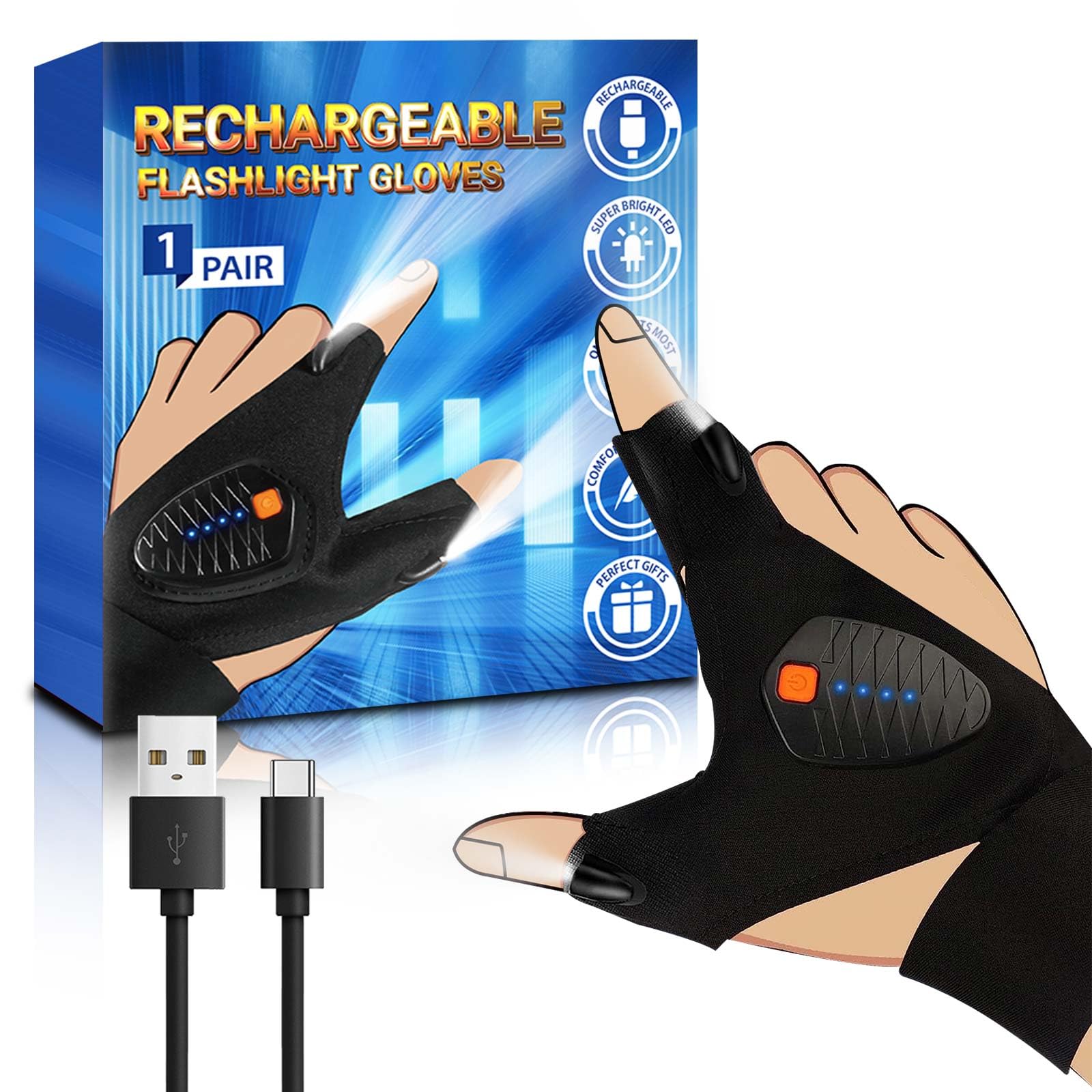 Apicey Rechargeable LED Flashlight Gloves for Fishing Camping - One Size - Black - Model APREFG001
