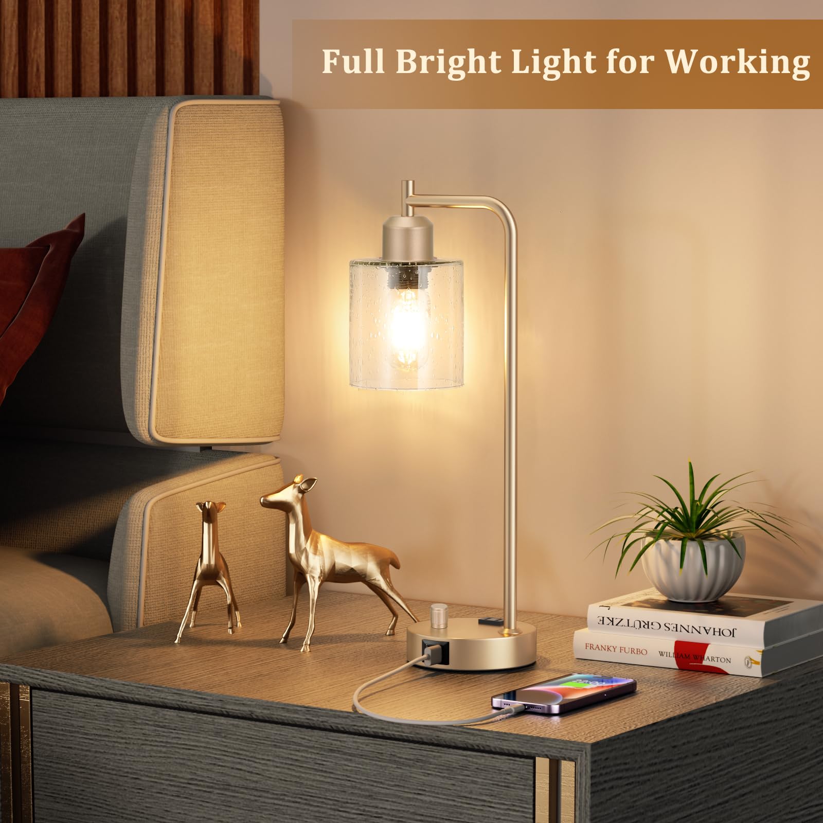 Innqoo Champagne Gold Industrial Bedside Table Lamp, USB C Charging, Fully Dimmable, 5.1 x 7.3 x 17.9 inches, Glass Shade