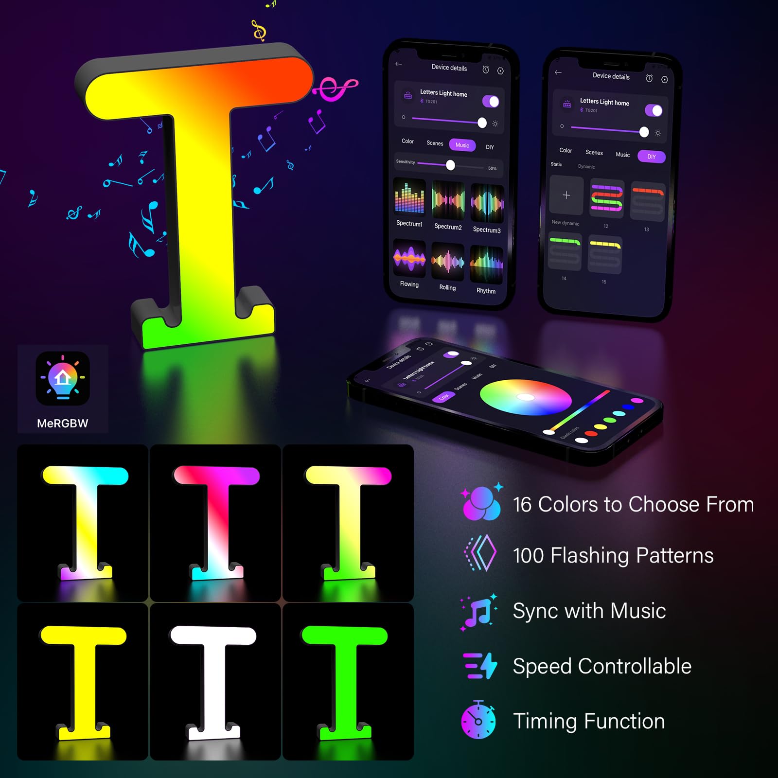Kangtaixin LED Light Up Letter T - USB Powered Color Changing Alphabet Sign, APP Control Night Light for Party & Home Decor
