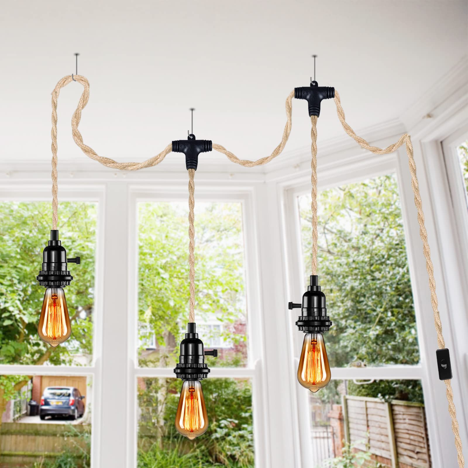 Yeleeino Vintage Triple Pendant Light Cord Kit With Independent Switch, Hemp Rope Pendant Light Plug In, E26 Farmhouse Hanging Lighting Cord Fixture, For Diy Lampshade Cable Loft