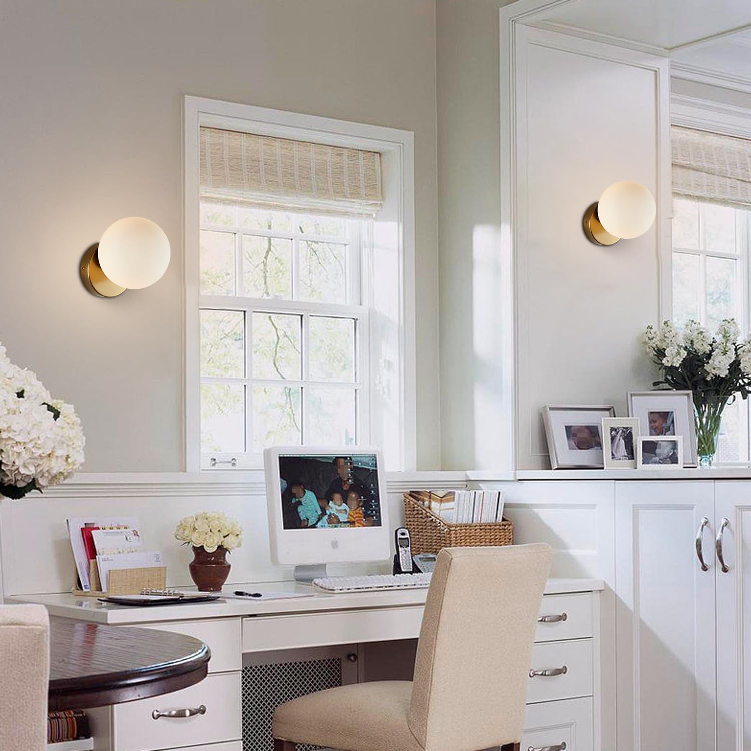 Bokt Mid Century Modern Gold Wall Sconce Lighting Fixture Small Milky Glass Globe Indoor Wall Lamp Brushed Brass Bathroom Wall Mounted Sconce 1-Light Vintage Wall Light (5.9”)