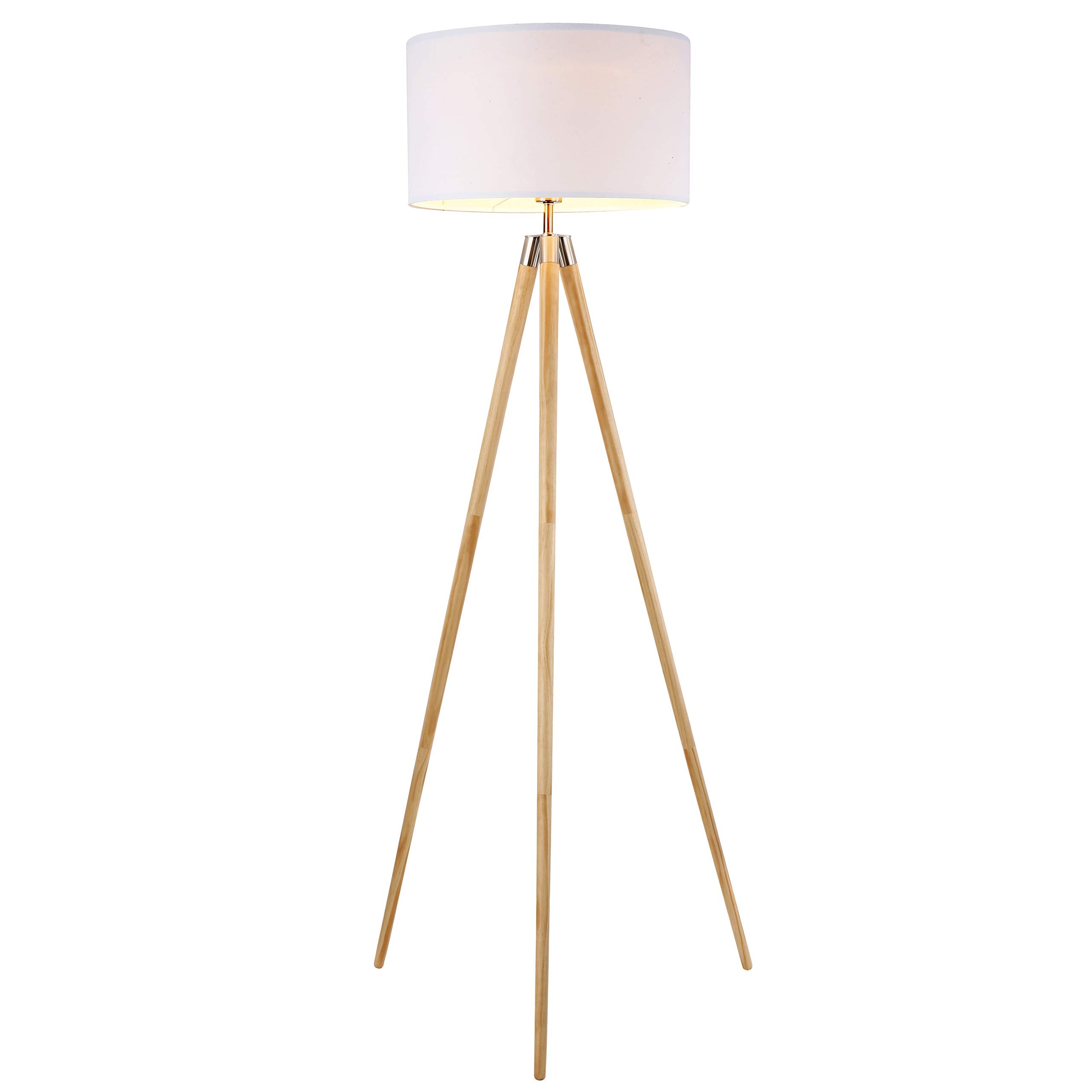 Light Society Celeste Tripod Floor Lamp, Natural Wood Legs with Satin Nickel Finish and White Fabric Shade, Mid Century Contempo