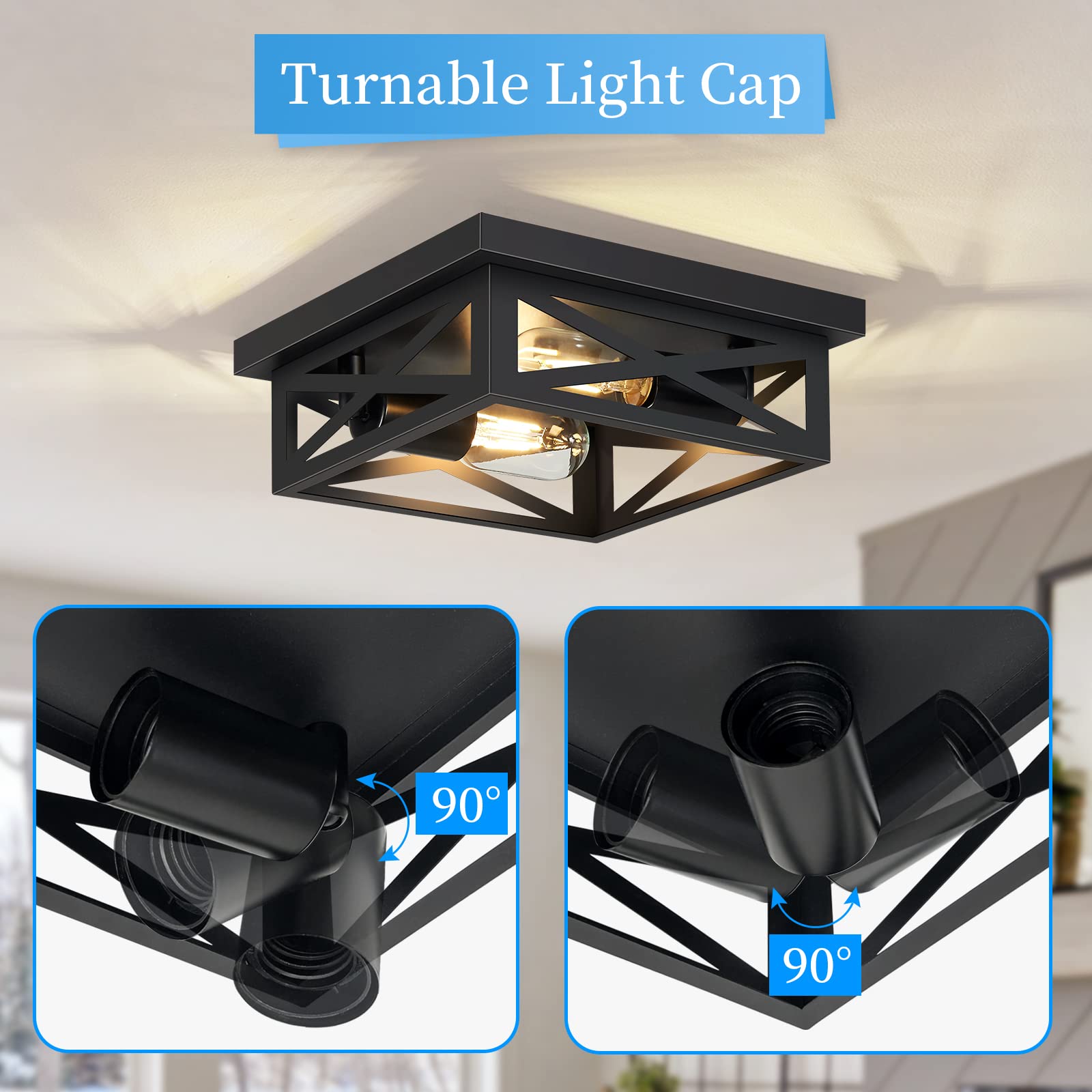 SKEJAO 2-Light Black Metal Flush Mount Ceiling Light Fixture, 10 inch Square Design for Hallway, Kitchen, Bedroom (2 Pack)