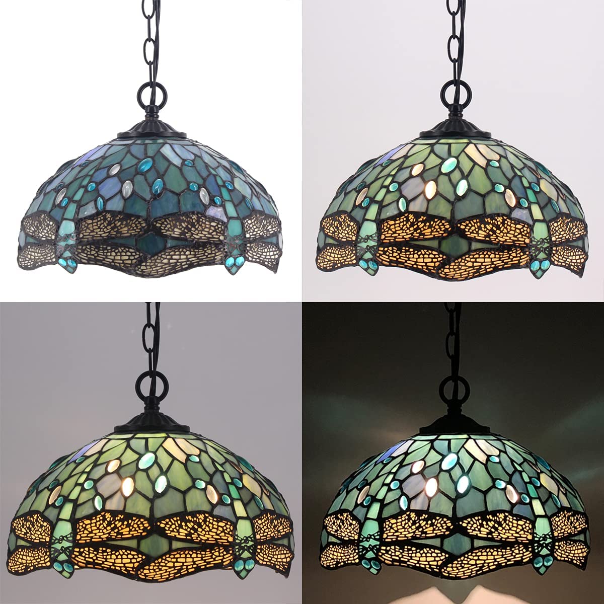 WERFACTORY Tiffany Pendant Lamp Plug In, Sea Blue Stained Glass, 12 Inch Dragonfly, Medium Size, S147 Series