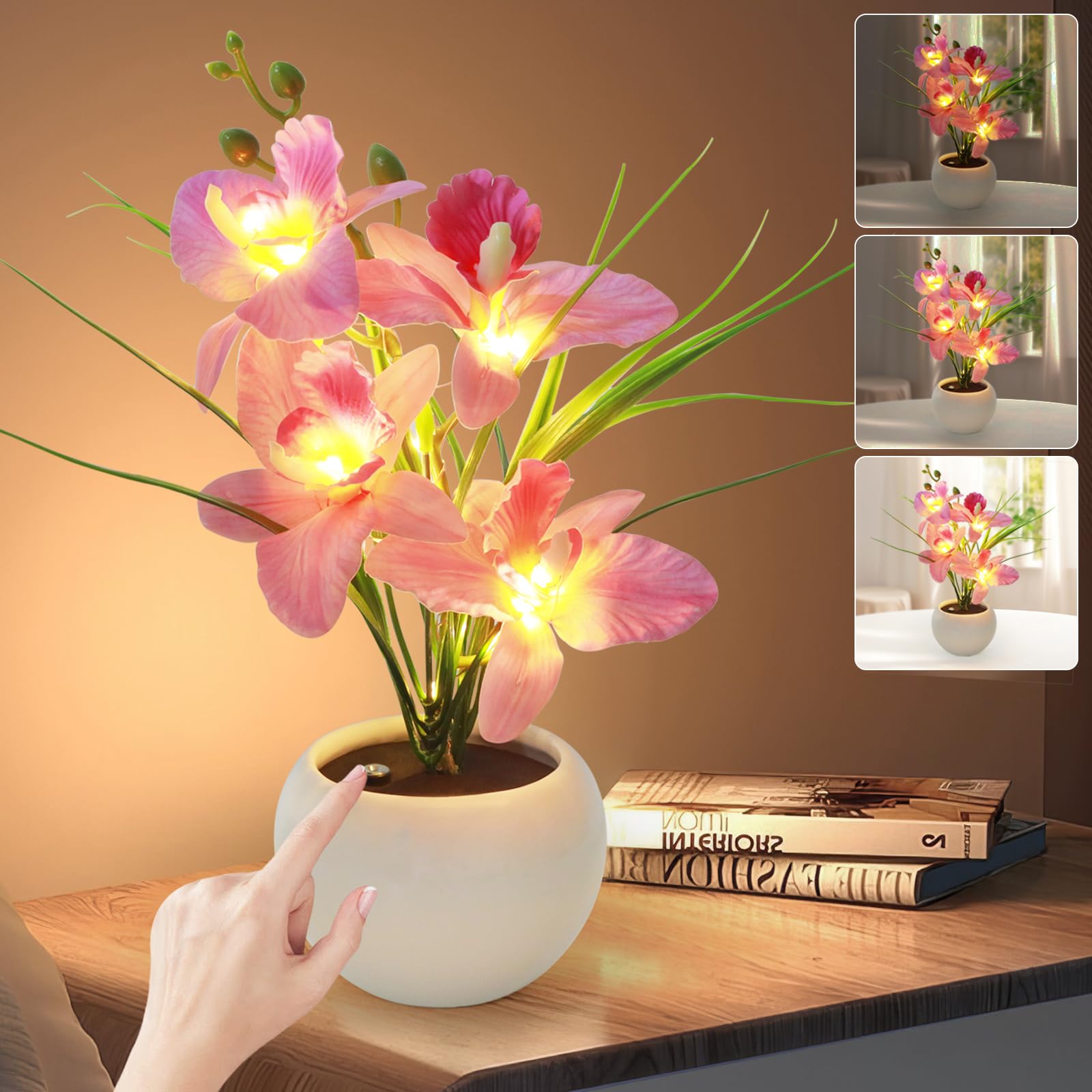Strackvial Artificial Flower Night Light, Touch Stepless Dimming Usb Rechargeable Pink Orchid Flower With Vase Lamp, Led Desktop