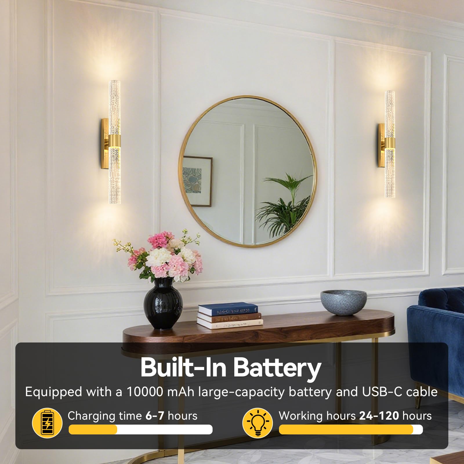 TPSHPTS Dimmable Battery Operated Wall Sconces, 15.7-Inch Gold Acrylic, Set of 2 with Remote, Rechargeable for Bedroom & Living Room Decor