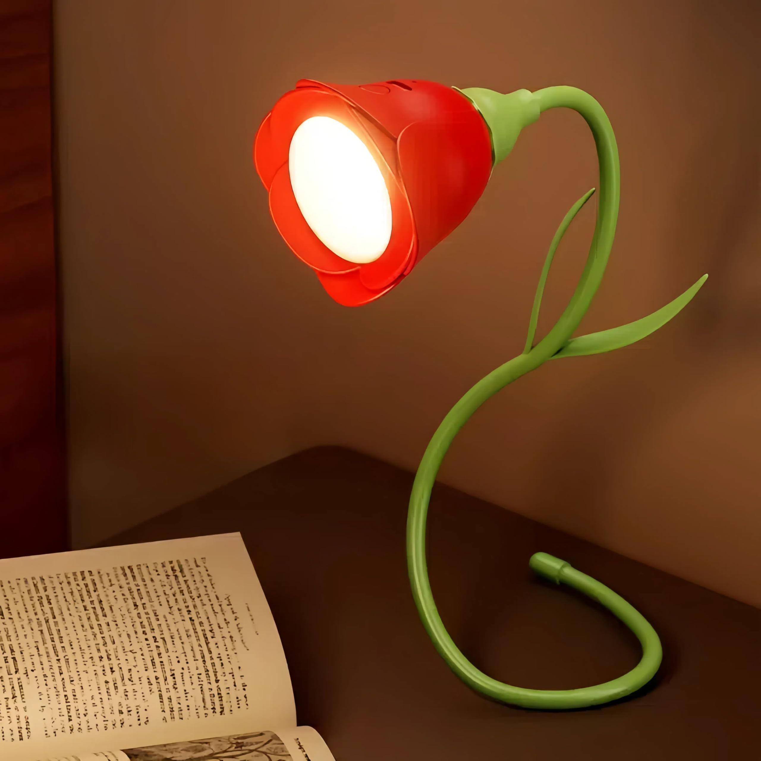 magical JD Rechargeable LED Flower Lamp, 3-Colour Dimming Night Light, Model GL370A-1, Red Rose