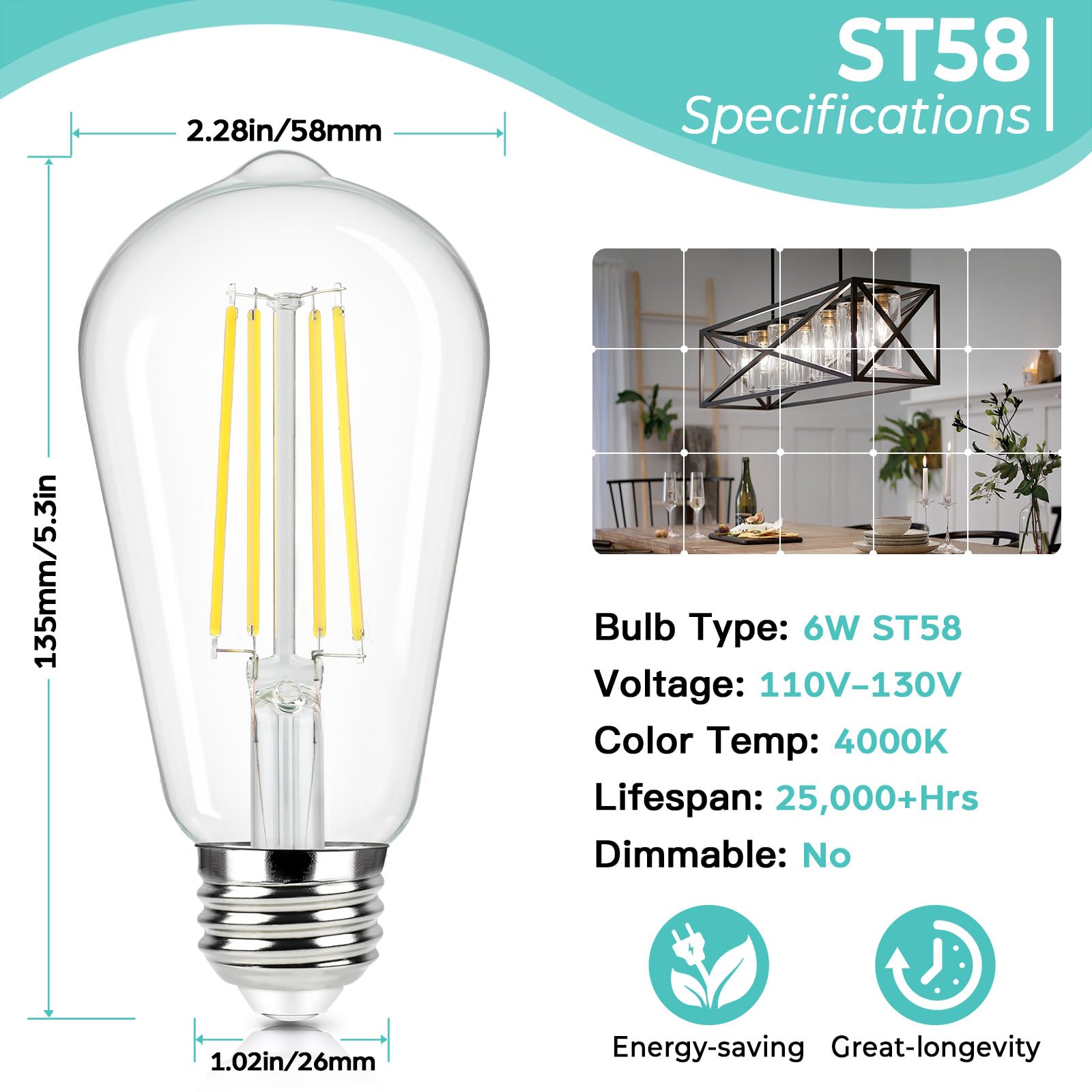 Brightever E26 Led Edison Bulbs 60 Watt Equivalent, 6W St58 Super Bright 4000K Neutral Daylight White Vintage Bulbs, Clear Glass