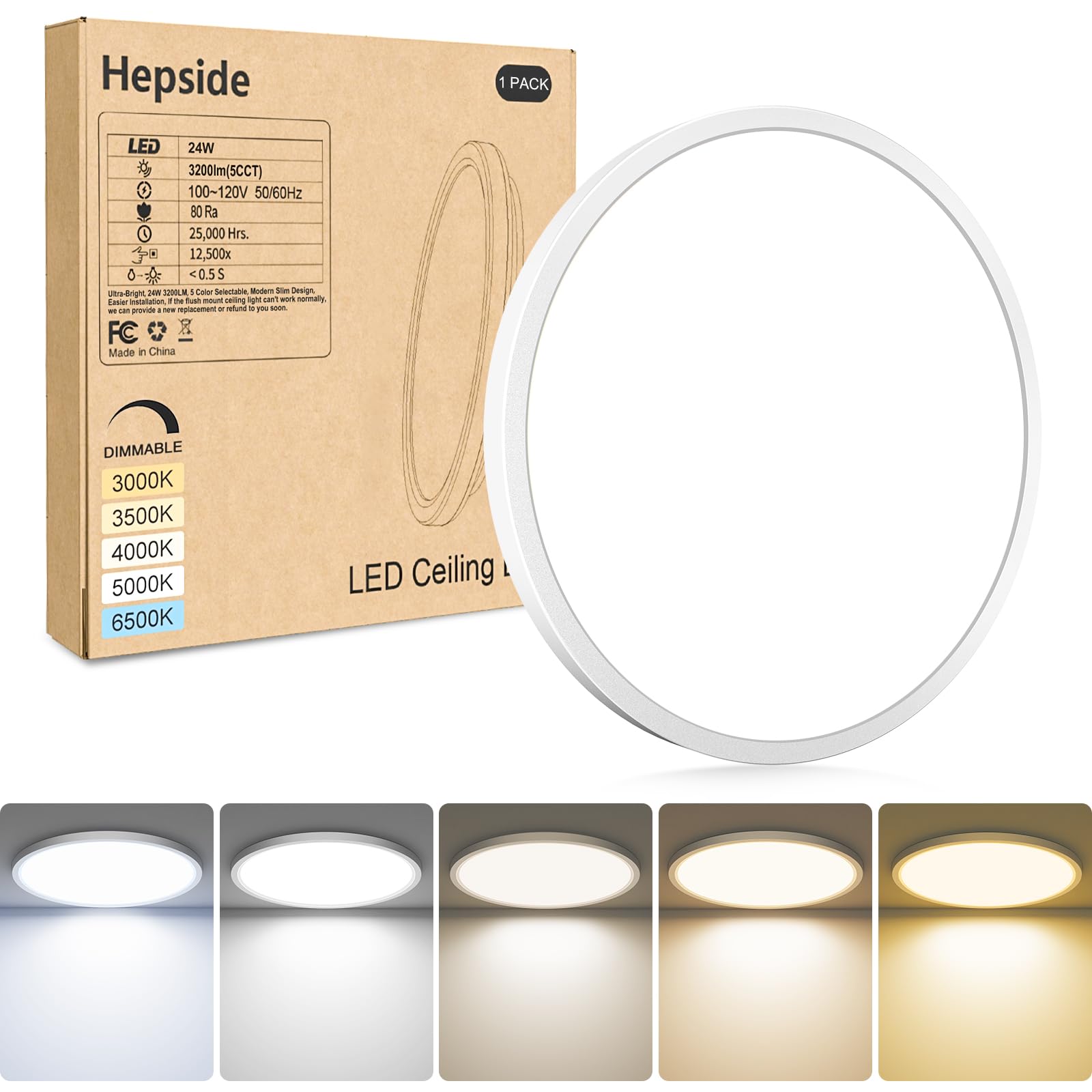 hepside LED Flush Mount Ceiling Light Fixture, 12Inch 24W, Dimmable&3000K/3500K/4000K/5000K/6500K Adjustable Low Profile Ceiling