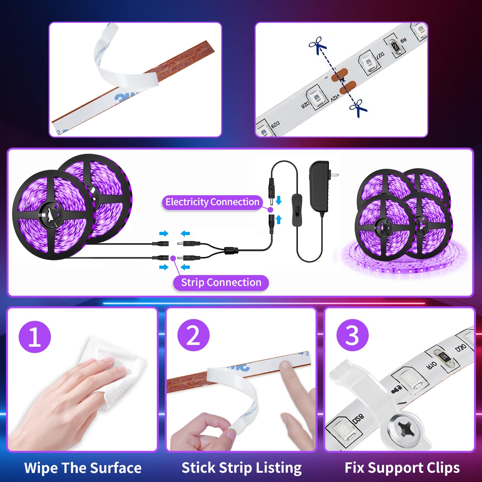 TigQiang 79ft Black Light Strip, Flexible LED, 1440 Beads, Non-Waterproof, Purple