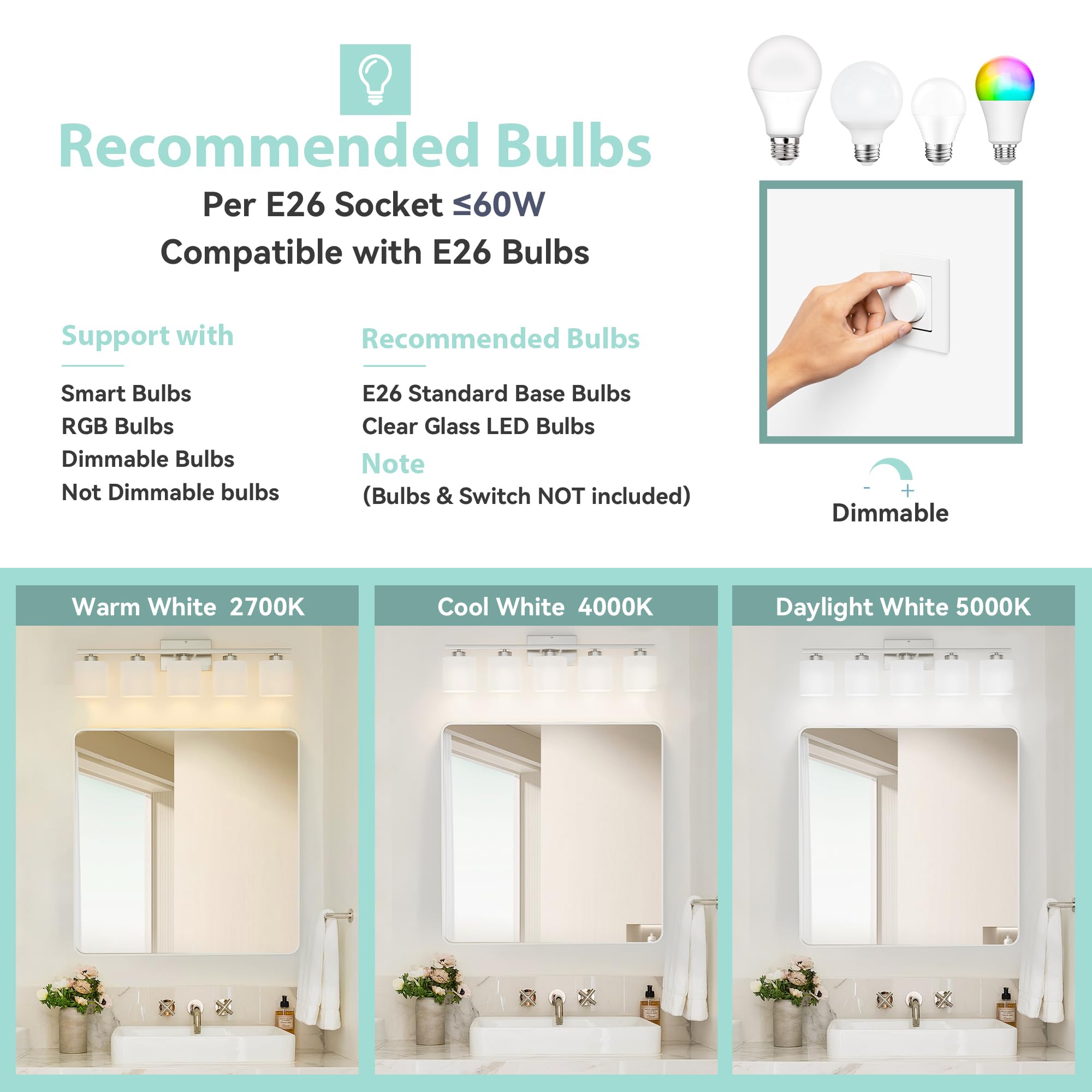 Honesorn 5-Light Bathroom Vanity Light Fixtures, Brushed Nickel, Modern Design with Frosted Shade, E26 Base