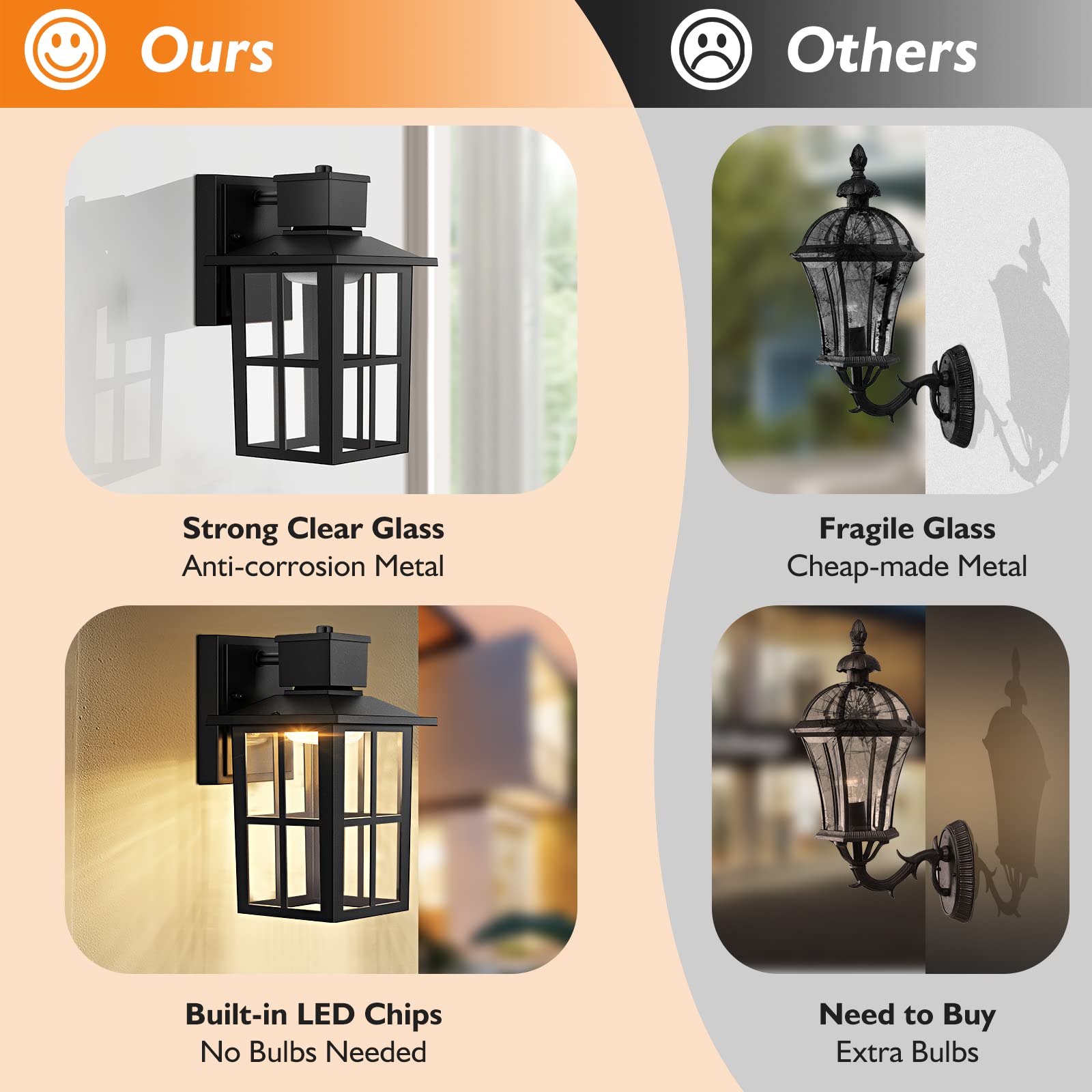 Brightever LED Outdoor Wall Lights, 10W Black Aluminum Fixture, 800LM Brightness, 3000K/4000K/6500K Selectable, 2-Pack