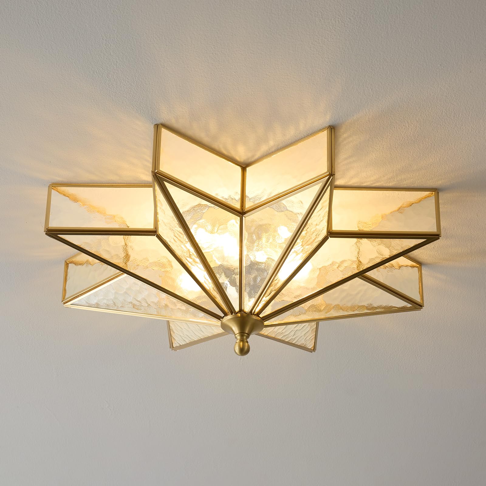 Brass Star Flush Ceiling Light - 19.5 Inch Gold Hammered Glass Large Mount Fixture - Art Deco Mid Century Vintage Modern Moravian Lighting Lights For Bedroom Dining Entryway Foyer Living Room Fixtures