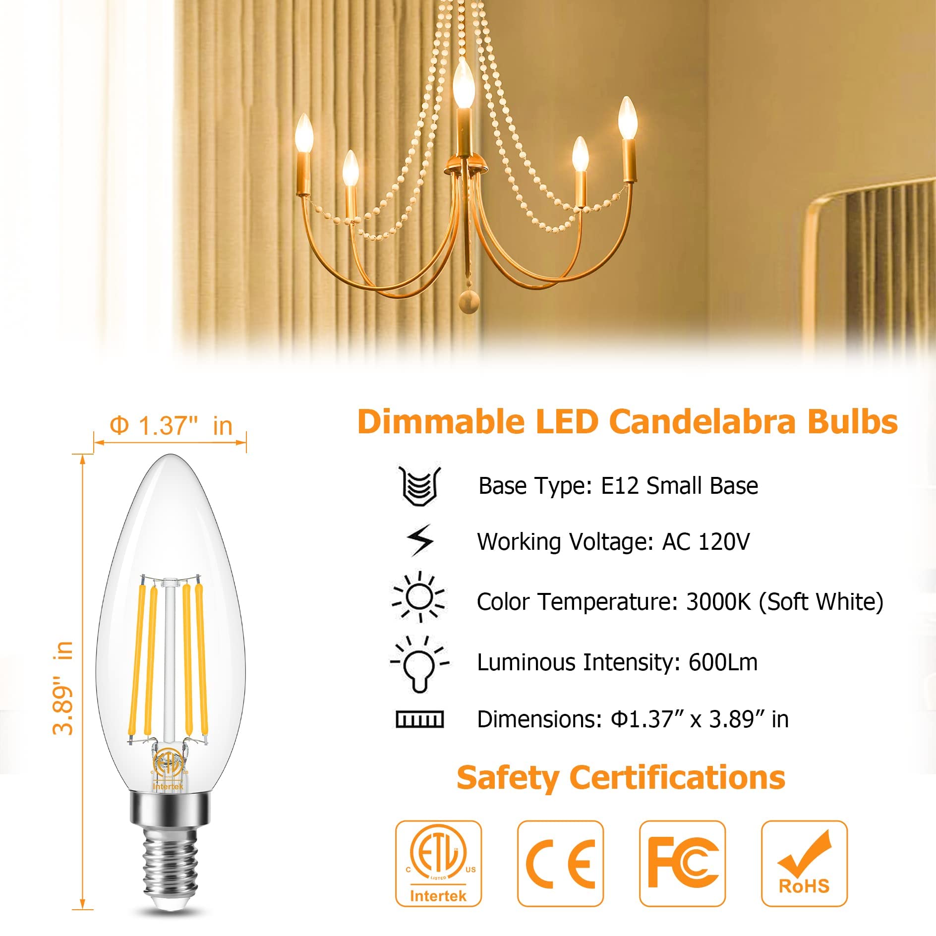 Cotanic E12 Led Dimmable Bulbs, 3000K Soft White, 60W Equivalent, 10 Pack, Clear