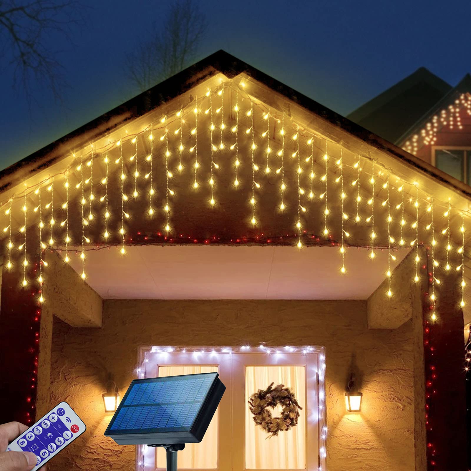 Janchs 304 Led Solar Icicle Lights - 8 Modes Waterproof Warm White Holiday Decorations
