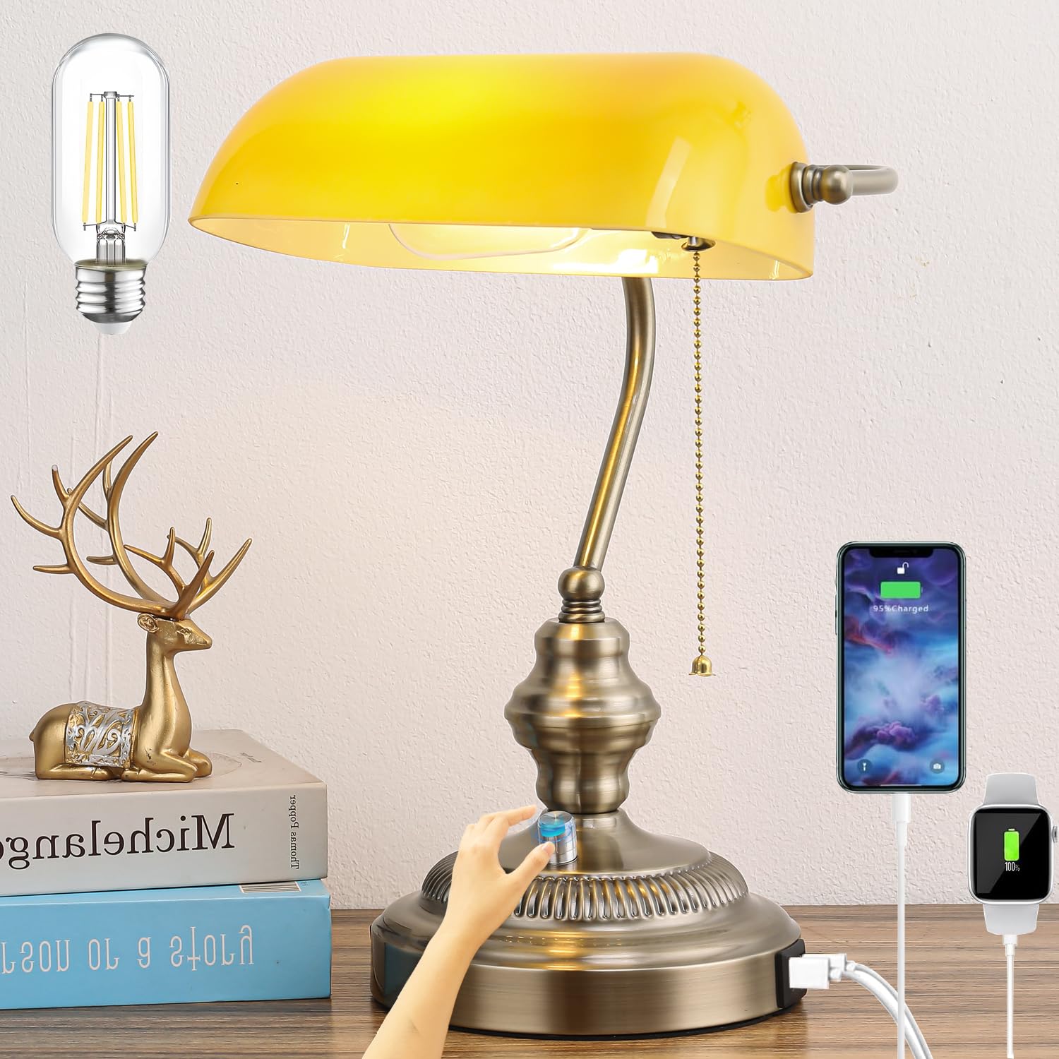 Tingruiz Rustic Bankers Desk Lamp Stepless Dimmable, Traditional Bankers Desk Lamp with USB Port and Outlet, Vintage Farmhouse 