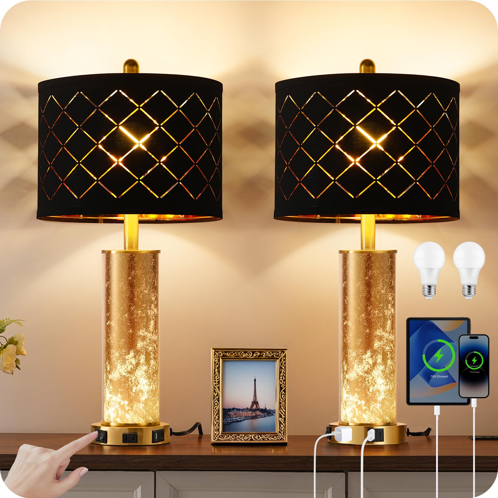 GOEBLESON 25.6 Black Table Lamps Set of 2  Tall Bedside Lamps with Nightlight  Modern Nightstand Lamp with USB Ports  Desk Lamp for Bedroom  Living Room  Office  LED Bulbs Included B01TL05