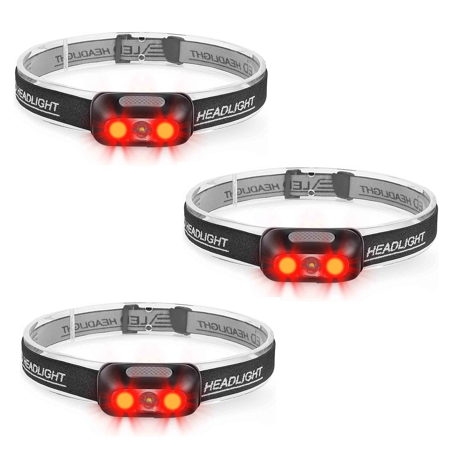 Geekhigh 500 Lumen Headlamp 3 Pack, 5 Modes, Red Light, IP54 Water-Resistant, Adjustable Strap, Black, Model HL14x3