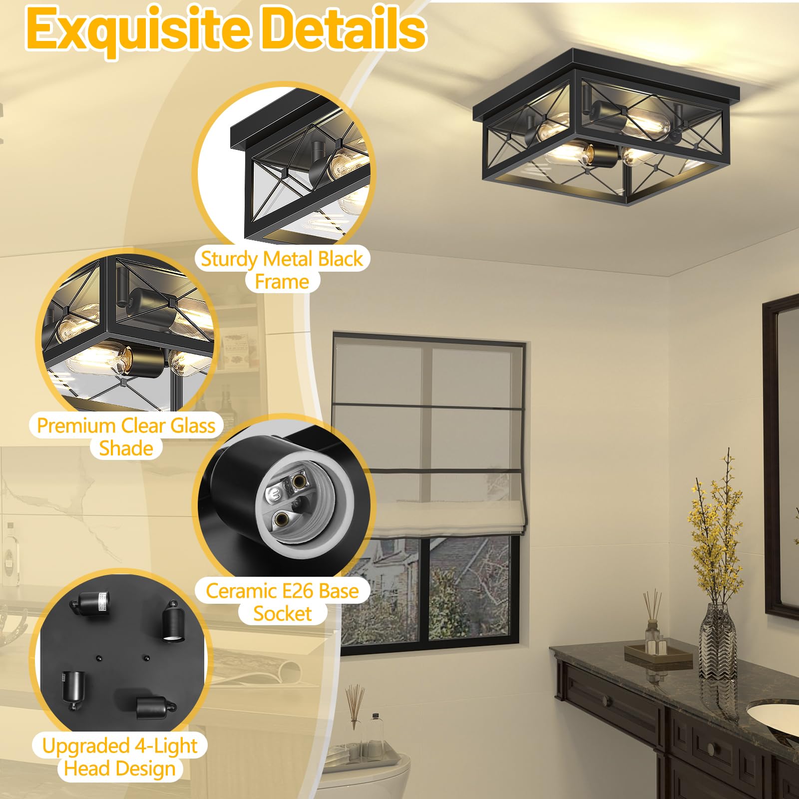 Asnxcju 12'' Square Flush Mount Ceiling Light With Clear Glass Shade, 4-Light Farmhouse Outdoor Porch Ceiling Light Fixtures, Bl