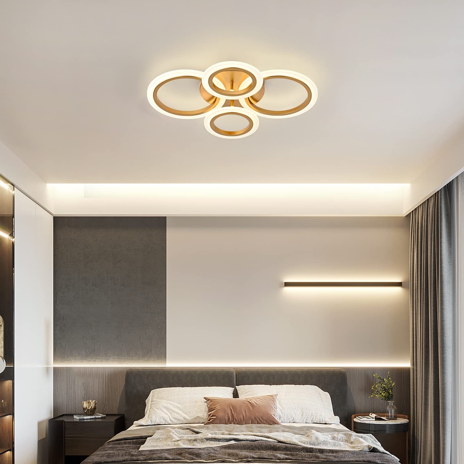 Teminbu Modern Led Ceiling Light, Gold 4 Rings Flush Mount Ceiling Light, 4000K Lighting Fixture Ceiling Lamp For Kitchen, Bedroom, Living Room, Laundry Room