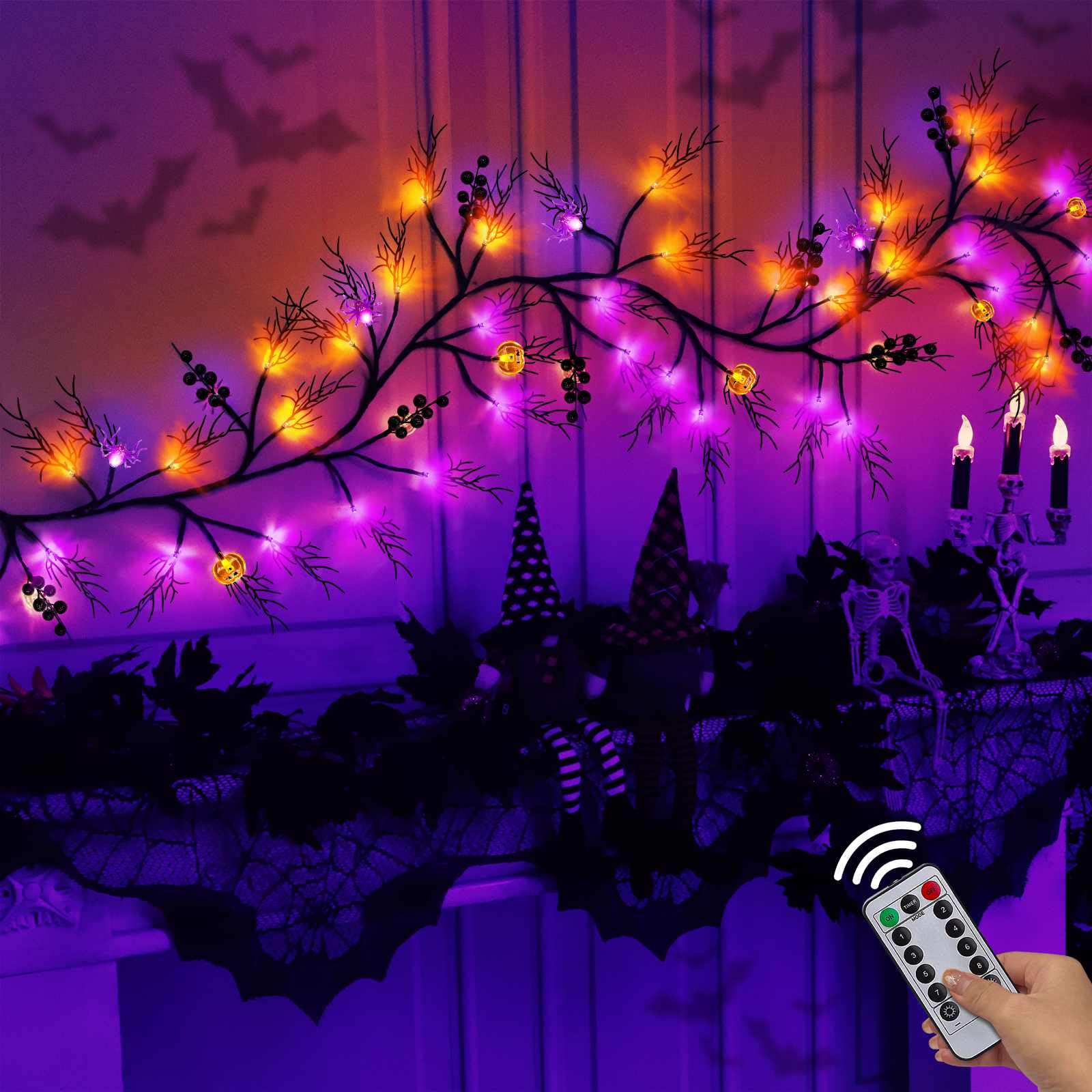 [Remote Control & Timer 8 Modes] Halloween Garland Willow Vine Lights, 6 Ft 54 LED with Orange & Purple Lights, Halloween Decora