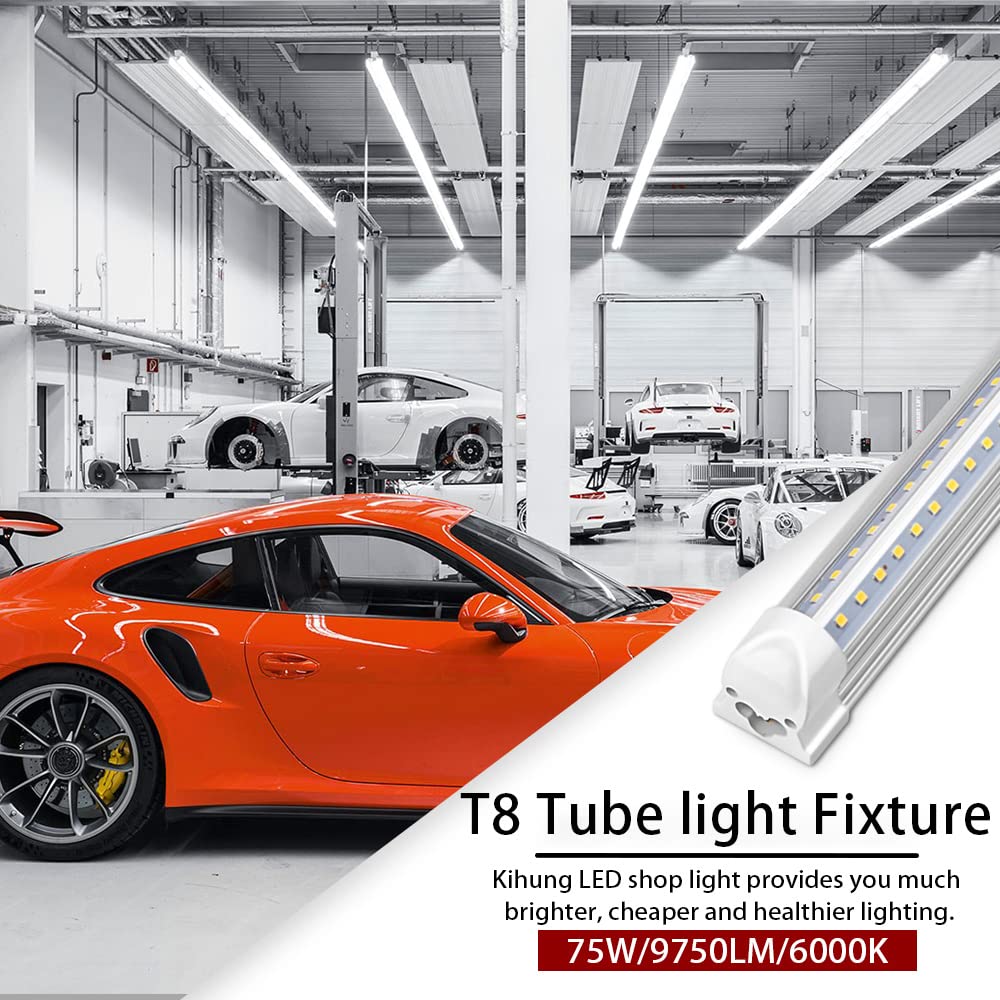 Kihung (12-Pack) 8Ft Led Shop Light Fixture, 75W, 9750Lm, 6000K, 96'' T8 Tube Light, 8 Foot Linkable Led Bulbs For Garage, Warehouse, V Shape, 8’ Led Strip, Clear Lens, Hardwired Installation