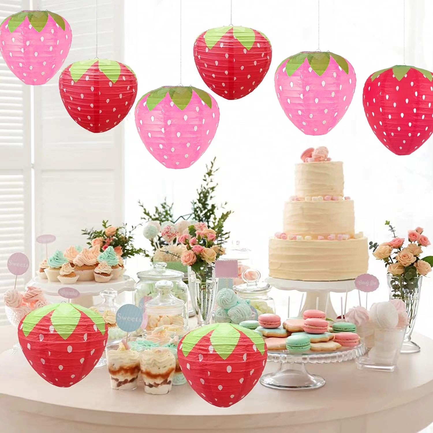 Magnoloran Strawberry Paper Lanterns - 8Pcs Hanging Decorations For Room, Birthday Party, Wedding, Garden - 8 Inch, Red And Pink