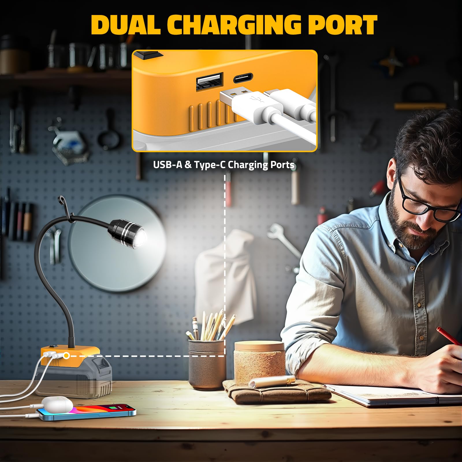 2Pcs Led Work Light For Dewalt 20V Battery, 20W 2000Lm Led Light Flood Light, 12'' Flexible Gooseneck, Flashlight Battery Light