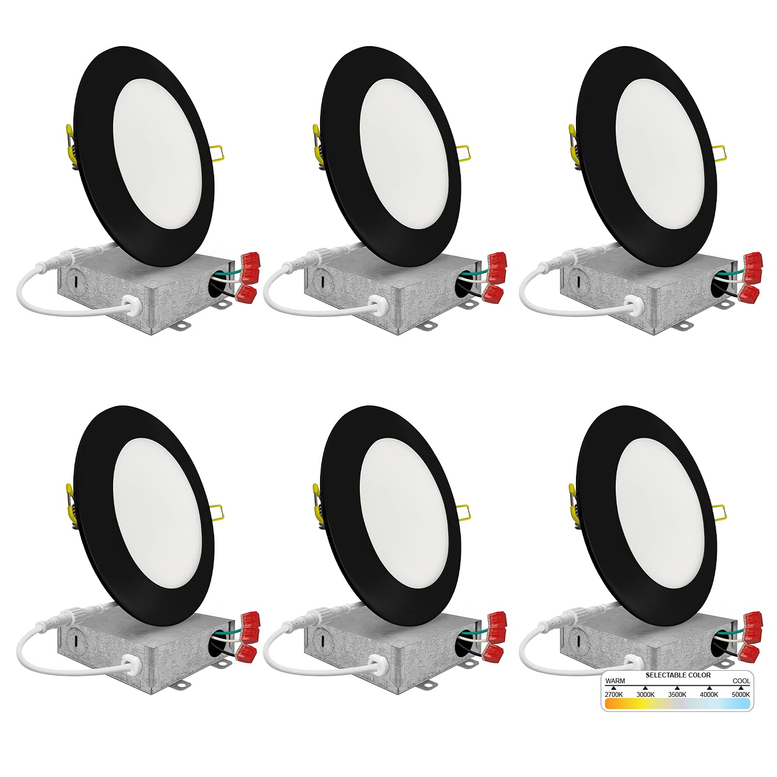 Nuwatt 6 Pack, 4 Inch Ultra-Thin Led Recessed Lighting Black, 5Cct 2700K/3000K/3500K/4000K/5000K Selectable, 630Lm, 9W, Ic Rated, Dimmable Canless Wafer Light, Damp Rated Pot Lights With Metal J-Box