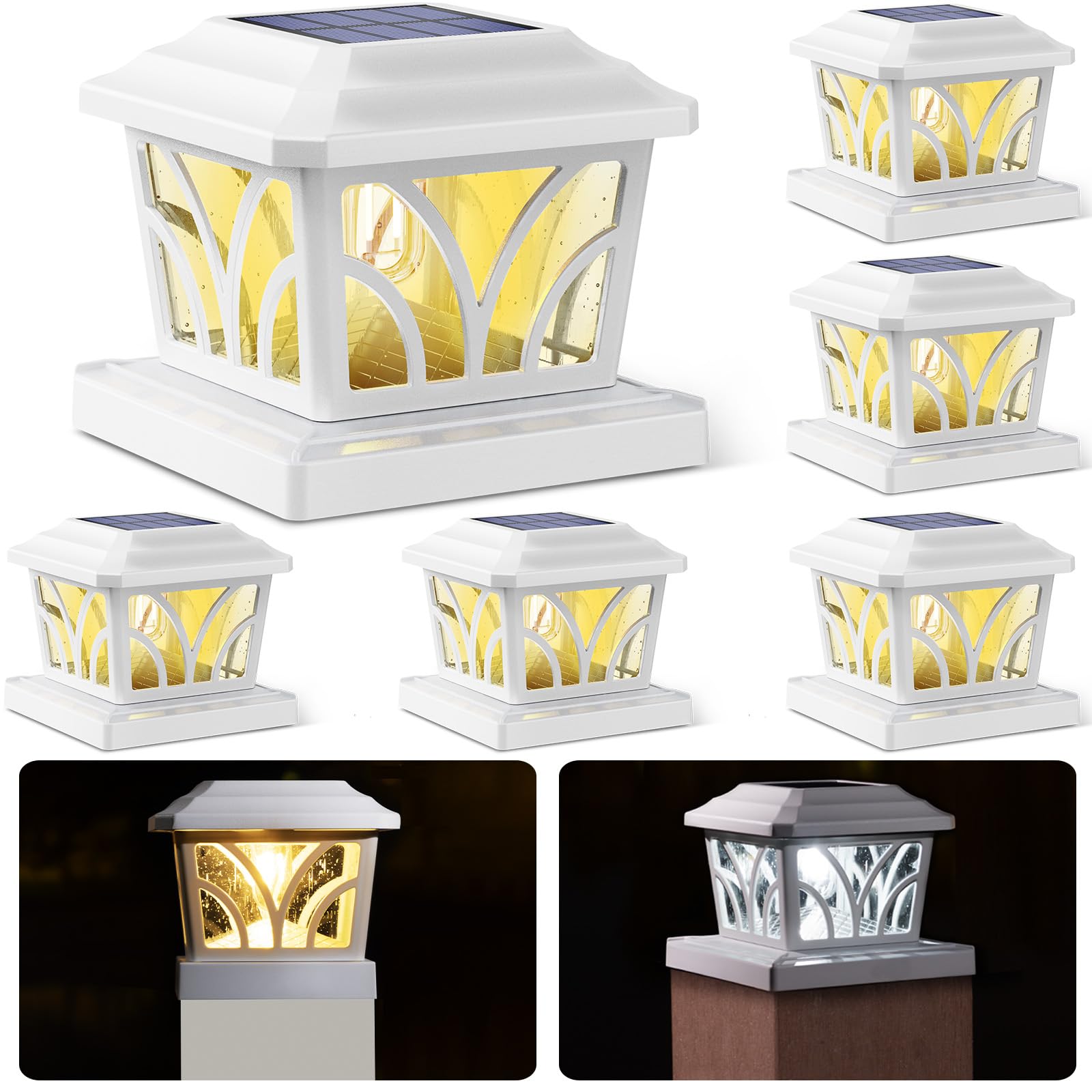 SIEDiNLAR Solar Post Cap Lights, Aluminum & Glass, 2 Modes, 6 Pack, Warm White/Cool White, for 4x4 5x5 6x6