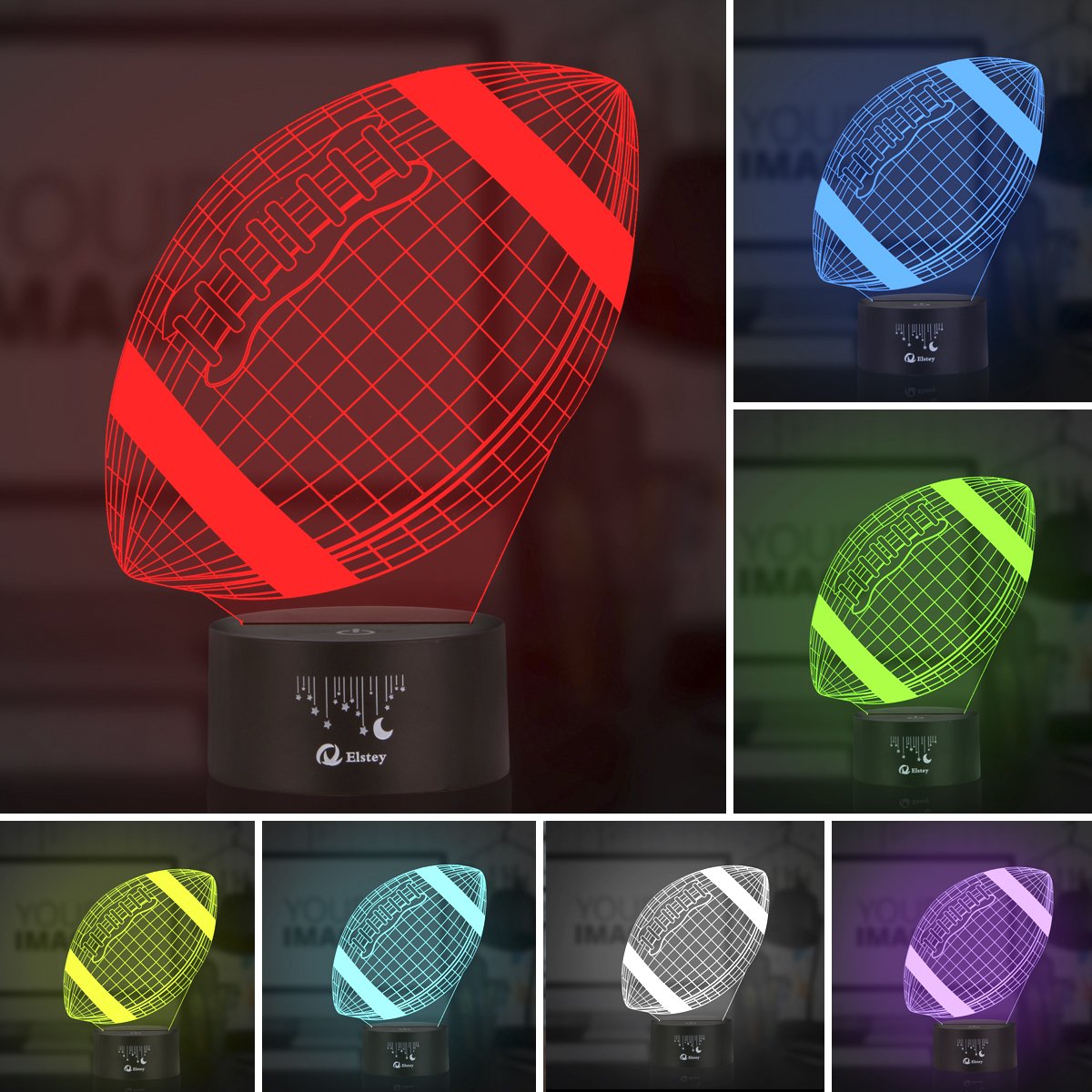 Elstey Football 3D Lamp Night Light, 7 Color Changing, Acrylic & ABS, USB Powered, Decorative Gift