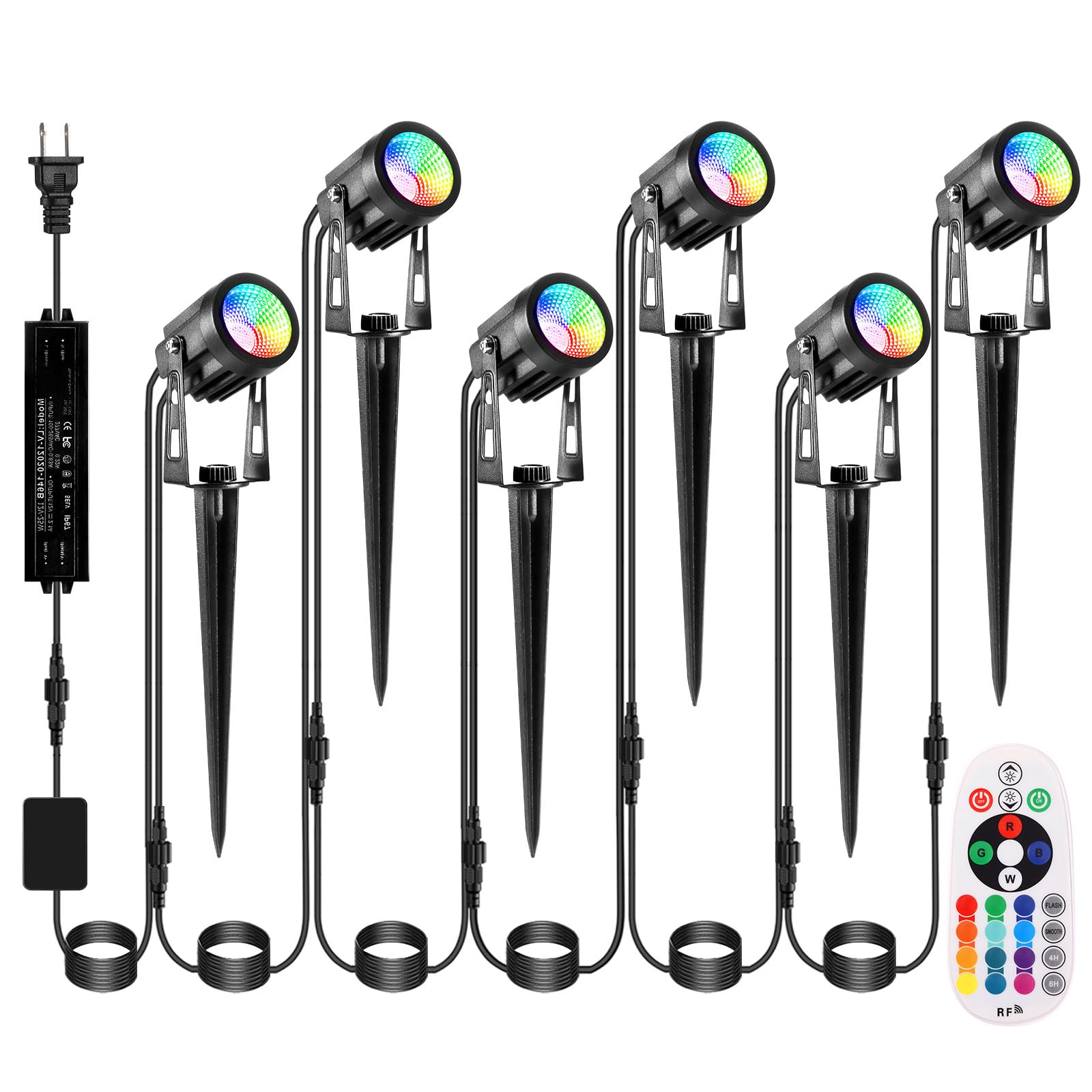Outdoor Landscape Lighting, 6 Pack RGB Outdoor Spot Lights with Transformers and Remote, 12V Low Voltage Color Changing Landscap