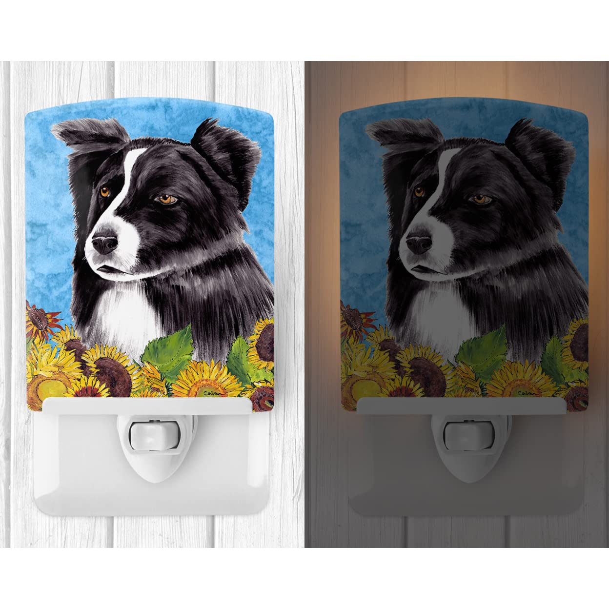 Caroline'S Treasures Sc9071Cnl Border Collie In Summer Flowers Ceramic Night Light Compact, Ul-Certified, Ideal For Bedroom, Bathroom, Nursery, Hallway, Kitchen, 6X4X3, Multicolor